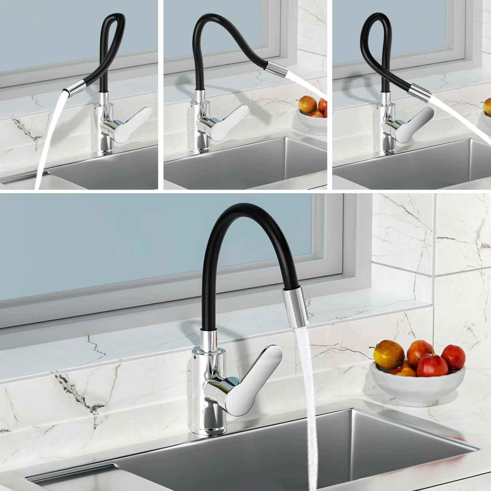 Mitigeur Évier Bec Flexible Robinet Cuisine Noir 360° Rotative Aérateur Économiseur Eau