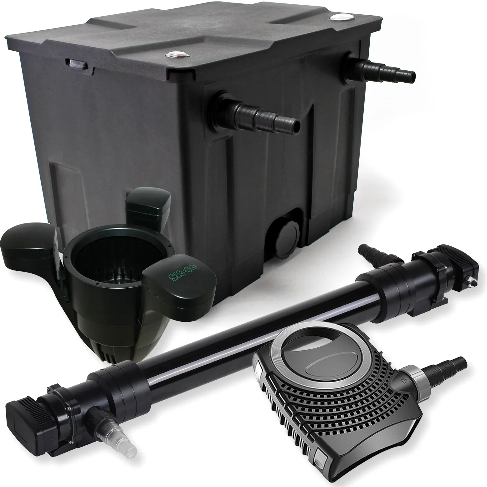 SunSun Kit Complet: CBF-350 Filtre de Bassin jusqu'à 12000 L Biologique, NEO10000 Pompe de Filtration 10000l/h 80W, CUV-672 Lampe UV UVC Clarificateur avec 72W, SK-40 Écumeur avec Pompe 3000l/h 60W