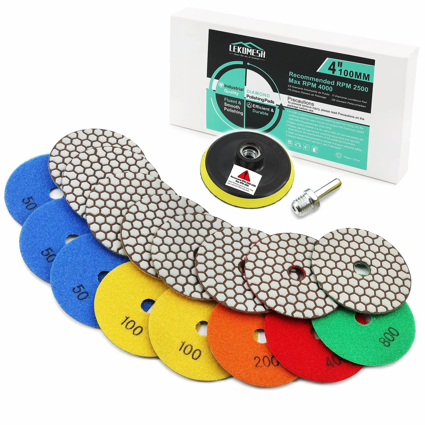Disque Diamant de Polissage LEKOMESH 100mm 8pces M14 Tampon d'Appui pour Granit Marbre Pierre