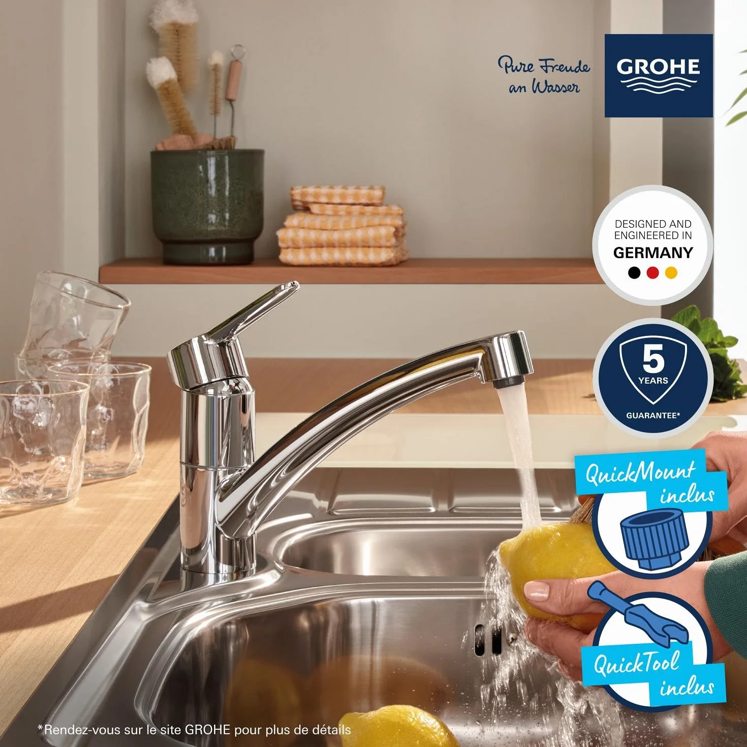 GROHE StartEco Mitigeur Monocommande Évier, Robinet Cuisine, Bec Bas, Rotation 140°, Chromé