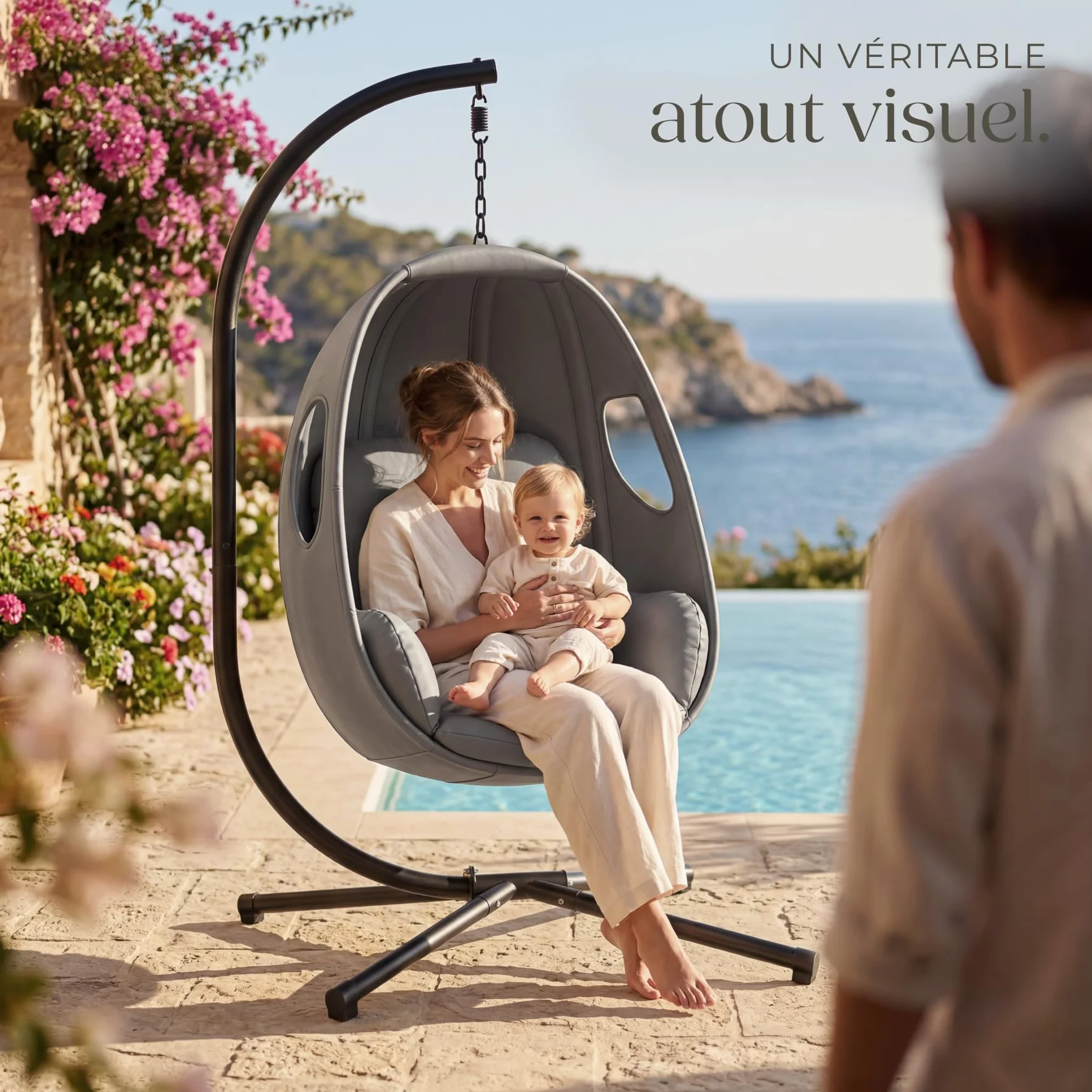 Tectake Fauteuil Suspendu Oeuf Acier Résistant aux Intempéries 160 kg avec Coussins et Housse