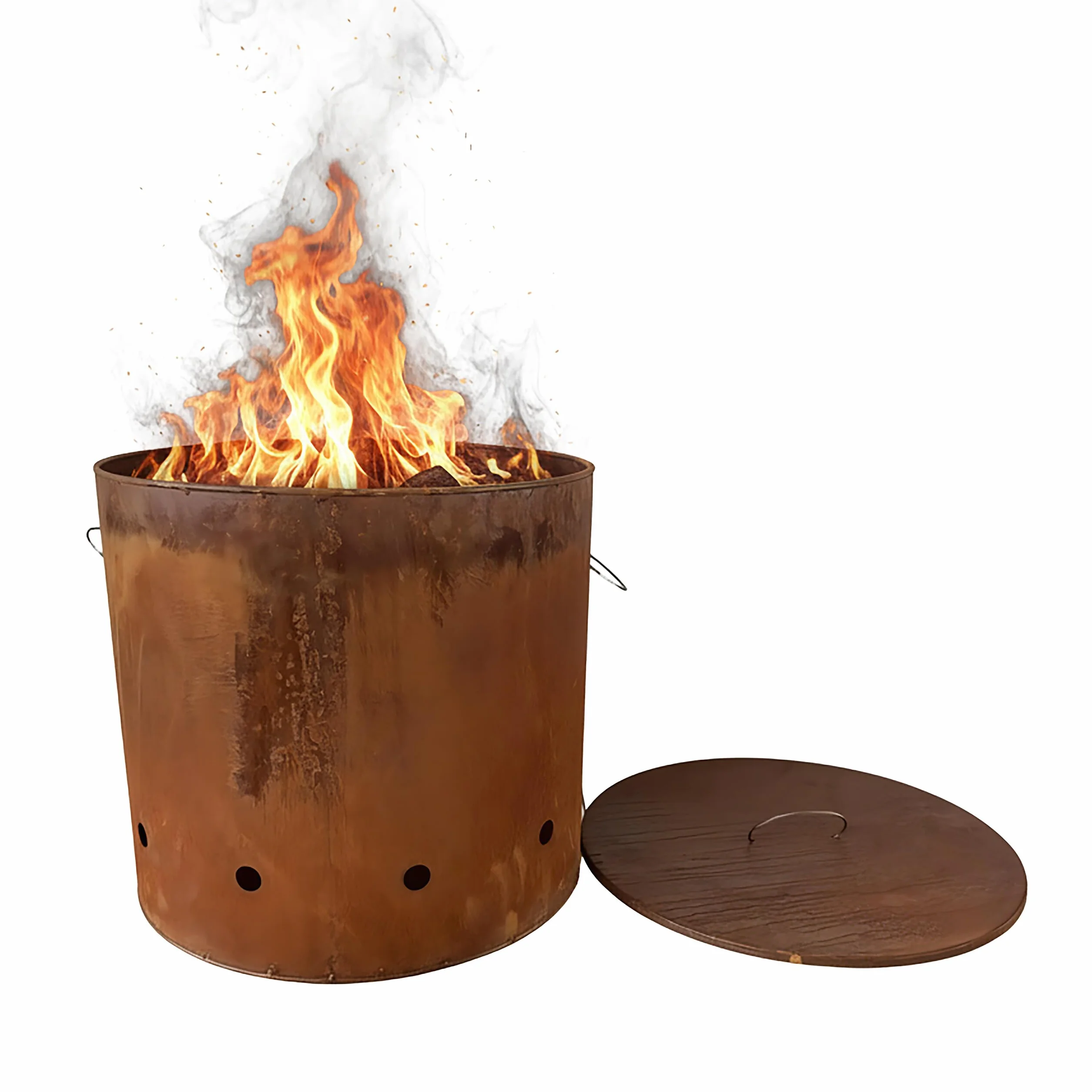 Relaxdays Tonneau à feu en Acier Corten, Aspect rouillé, H45xD49,5cm, brasero avec Couvercle, Brun rougeâtre XL