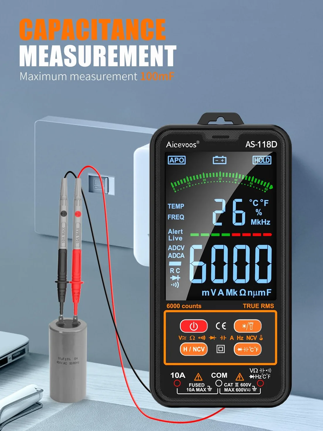 Multimetre Numerique intelligent TRMS AS-118D Voltmetre Ampèremètre Automatique Mesure Tension Courant Capacité Résistance
