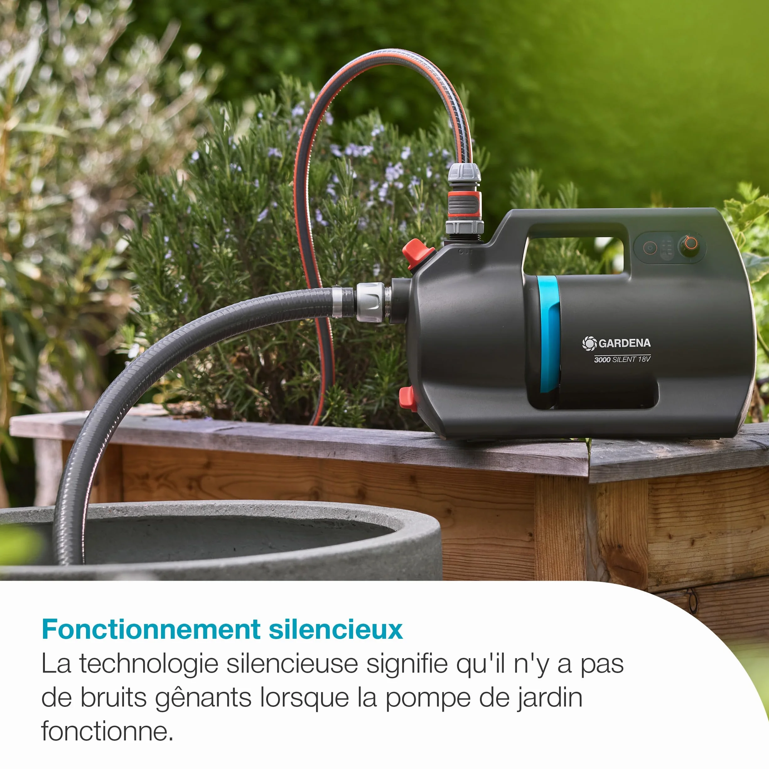 Gardena Pompe de jardin sur batterie 3000 Silent 18V P4A Kit prêt à l'emploi