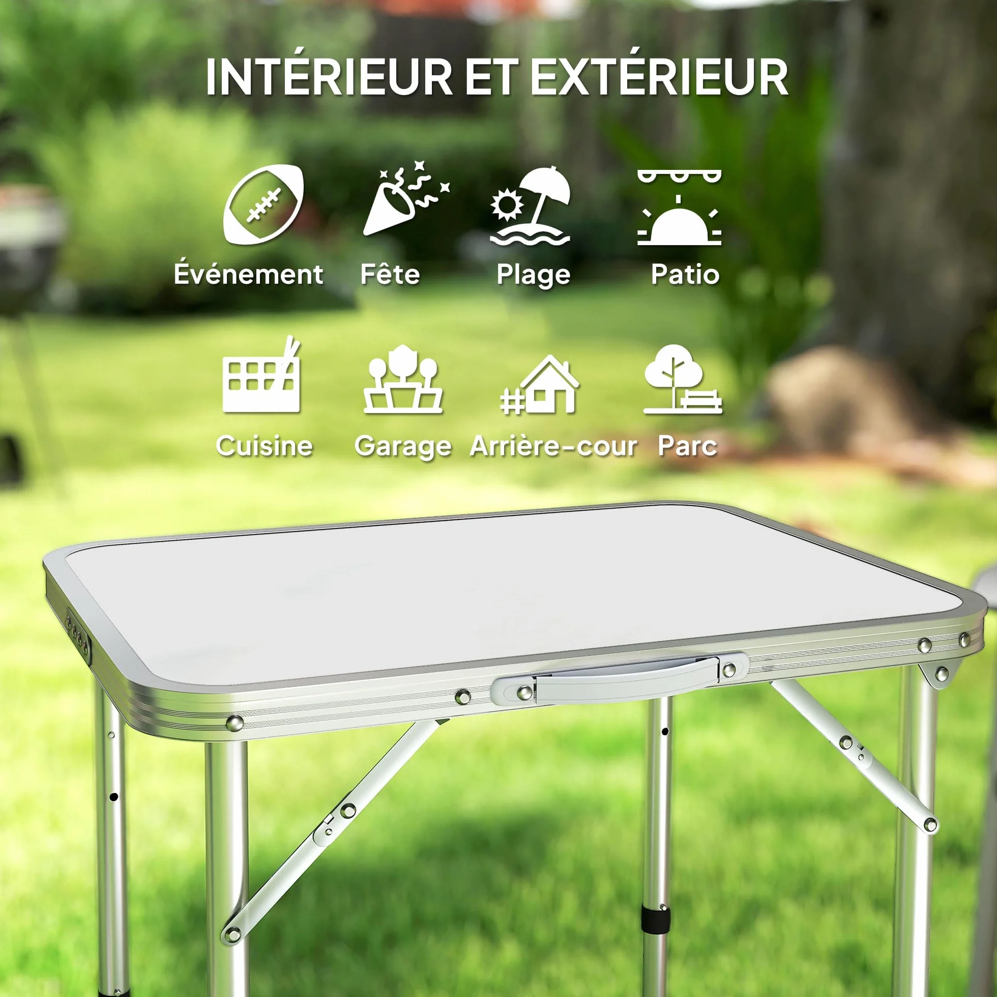 Outsunny Table Pliante de Camping Aluminium MDF Blanc Hauteur Réglable