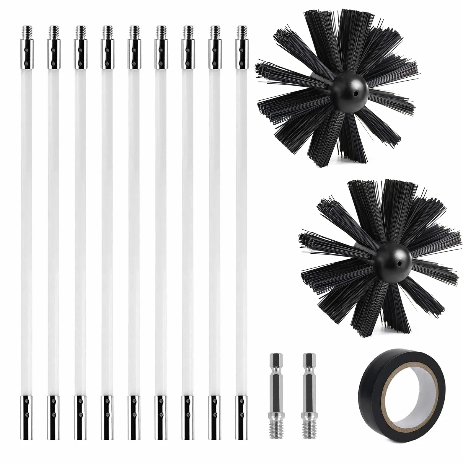 Kit Brosse Nettoyage Cheminée 150 mm Ramonage Nylon avec 9 Tiges Flexibles