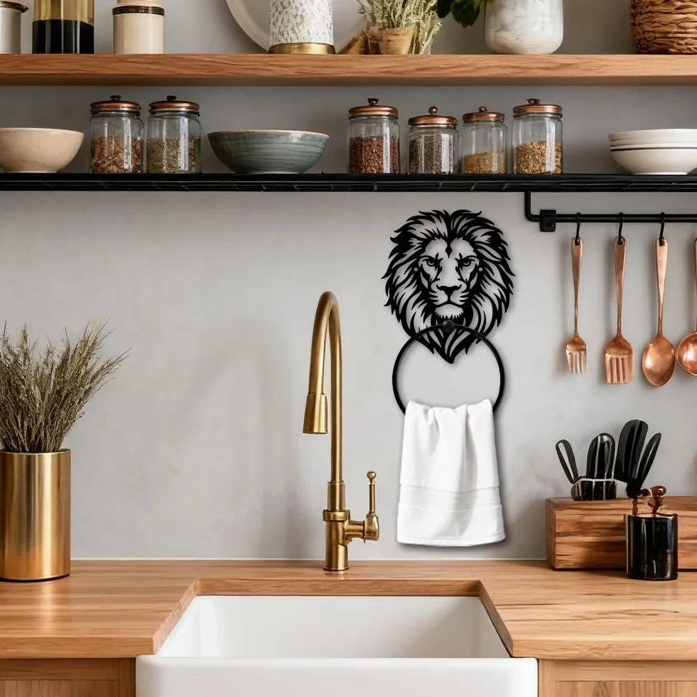 MAYJOYDIY Anneau Porte Serviette en Métal Tête de Lion Noir Motif Animaux Forêt Accessoires Salle de Bain