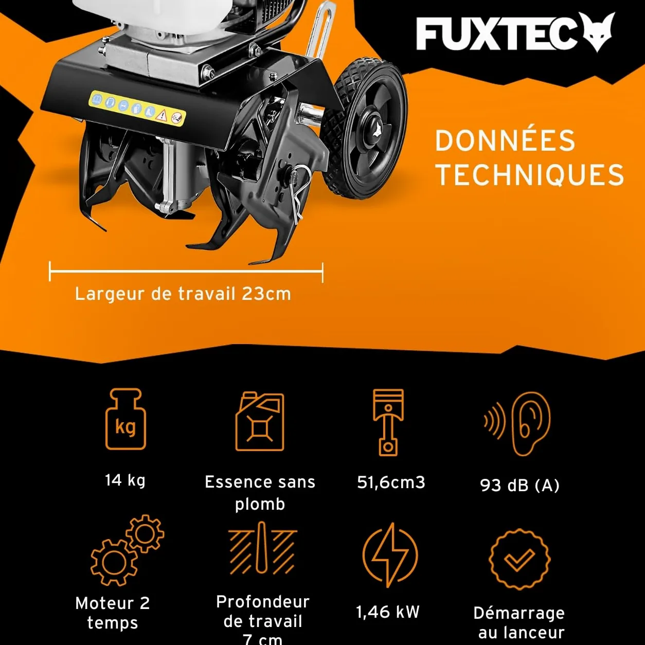 FUXTEC Motobineuse thermique FX-AF152 – Moteur 2 temps 51,6 cm³ – 23 cm de largeur – Profondeur de 70 mm – Fraises étoilées – Léger & maniable – Poignée ergonomique