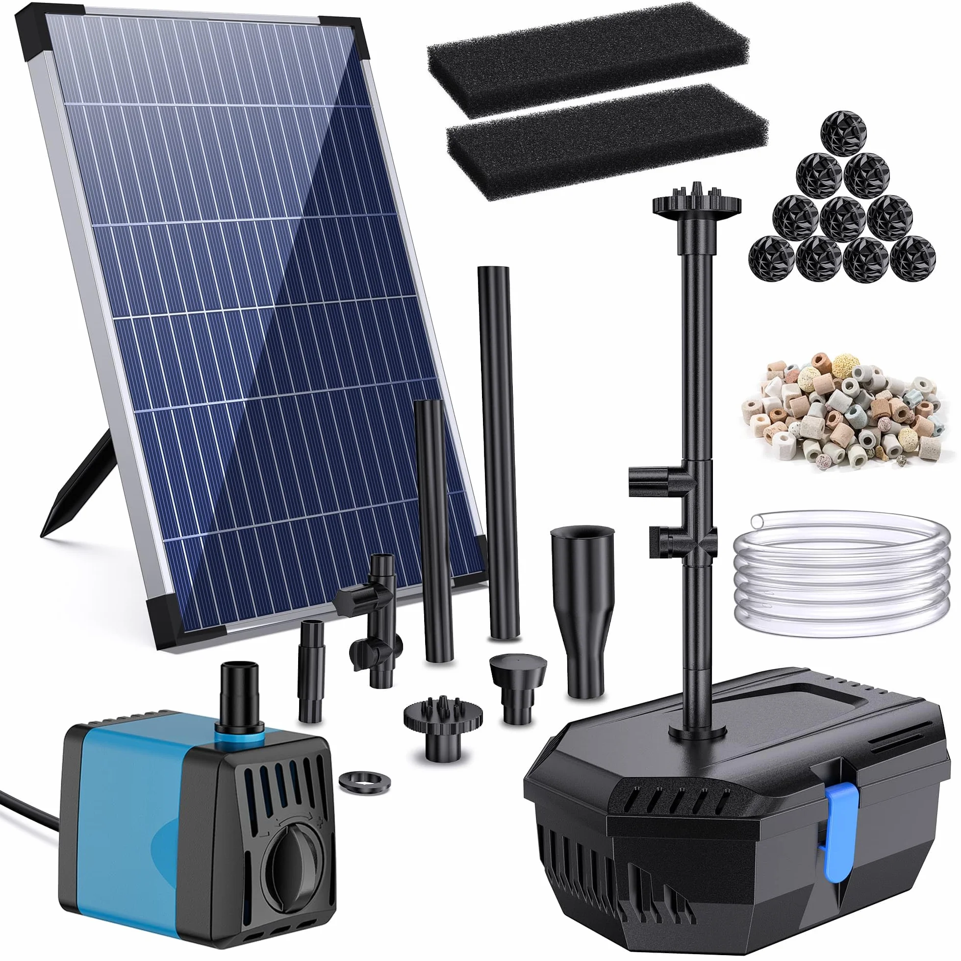 Biling 12W Filtre de Bassin Solaire avec 4 Buses, Pompe Solaire Bassin avec Système de Filtration Bio pour Étang jusqu'à 800L, Fontaine Solaire Extérieure pour Jardin et Balcon, Décoration Écologique