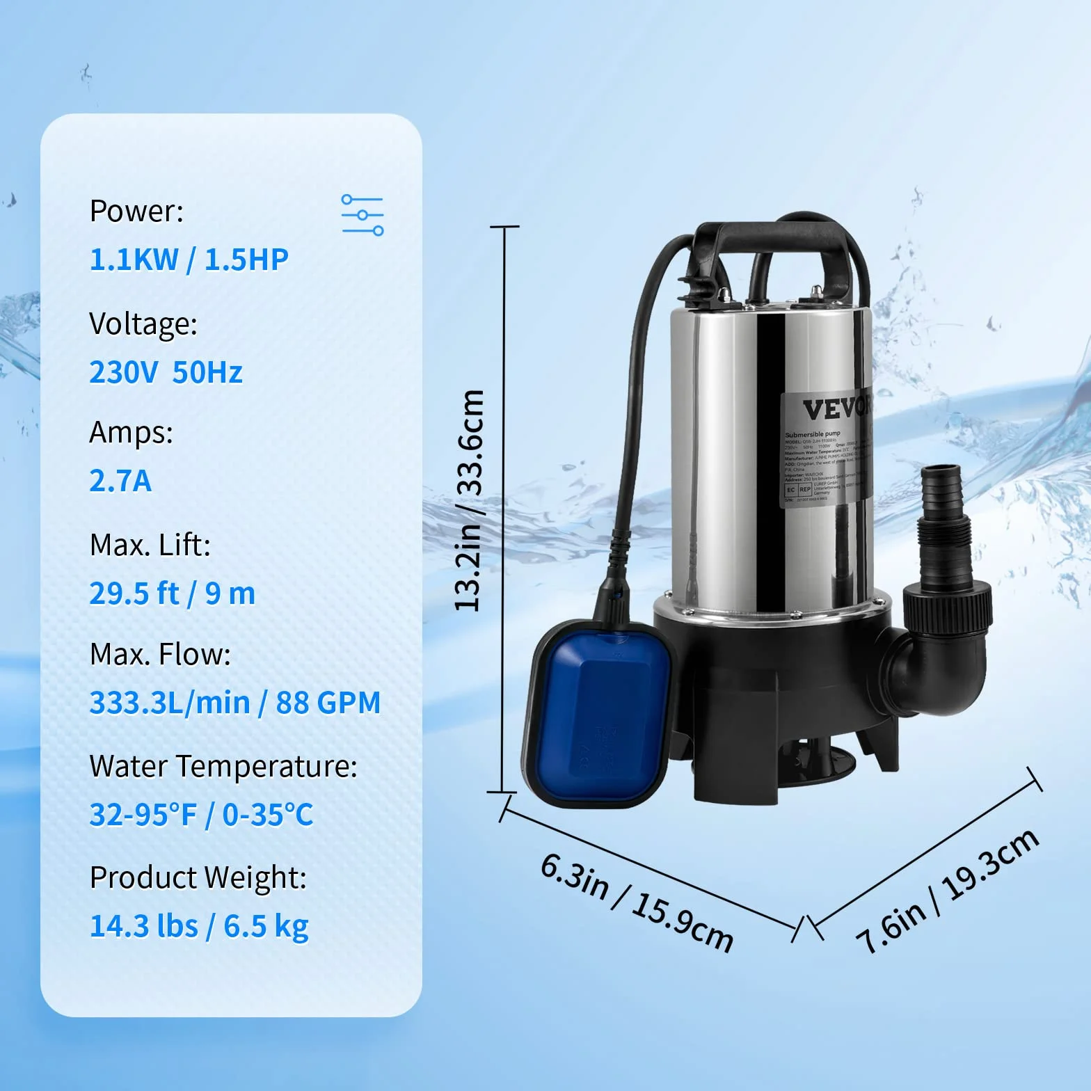 VEVOR Pompe de Relevage Eaux Chargées 1100 W 333,3 L/min Immergée
