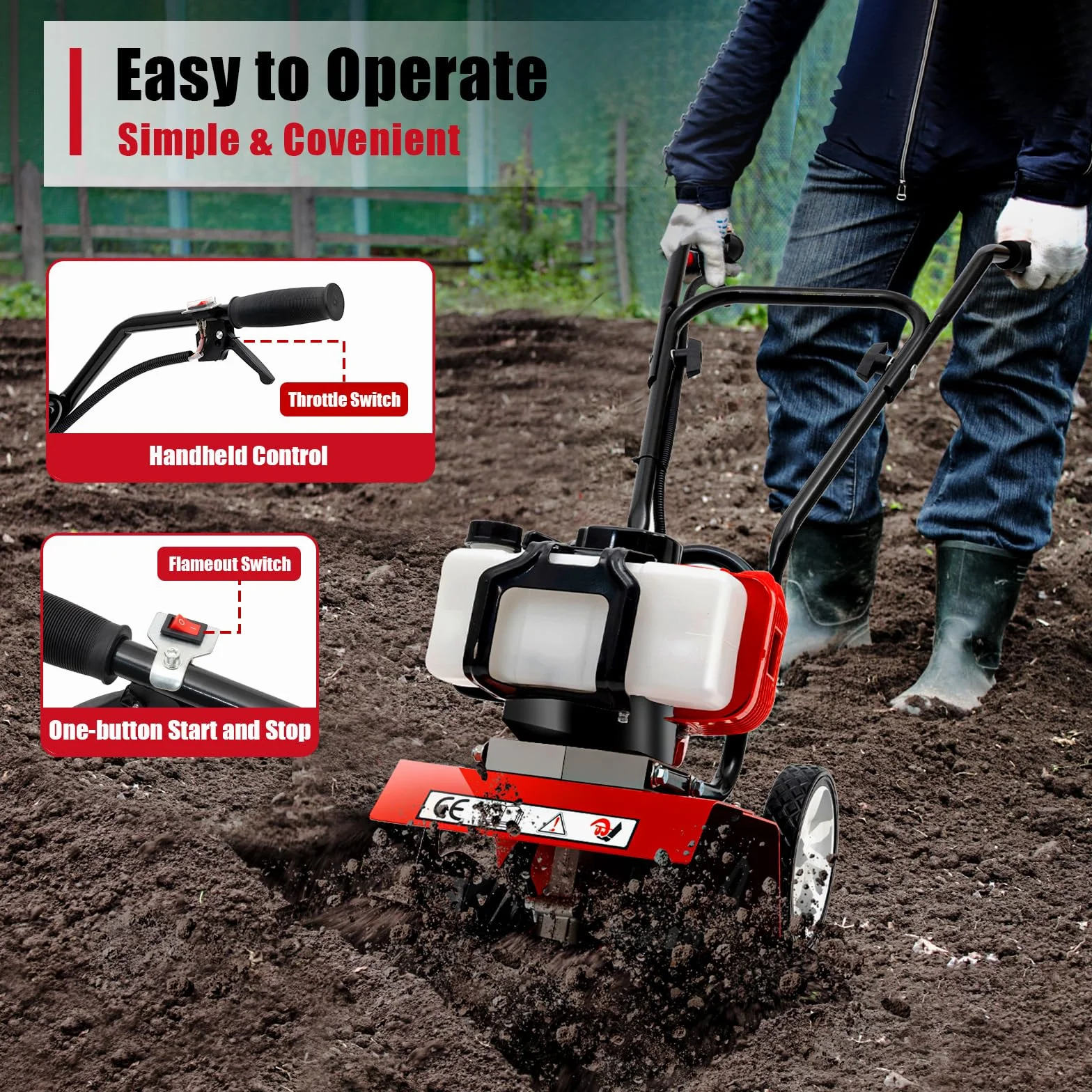 Motoculteur à Essence 52 cc - Moteur à 2 Temps - Mini Labour - Cultivateur Professionnel