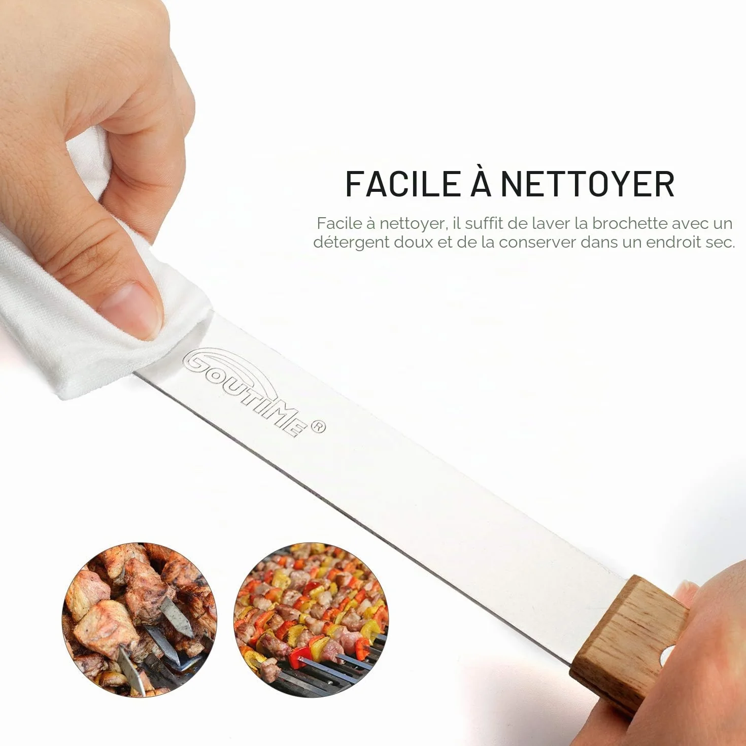 Goutime brochettes pour barbecue,Brochettes extra longues de 60cm en acier inoxydable avec Poignée en chêne massif,ensemble de 7