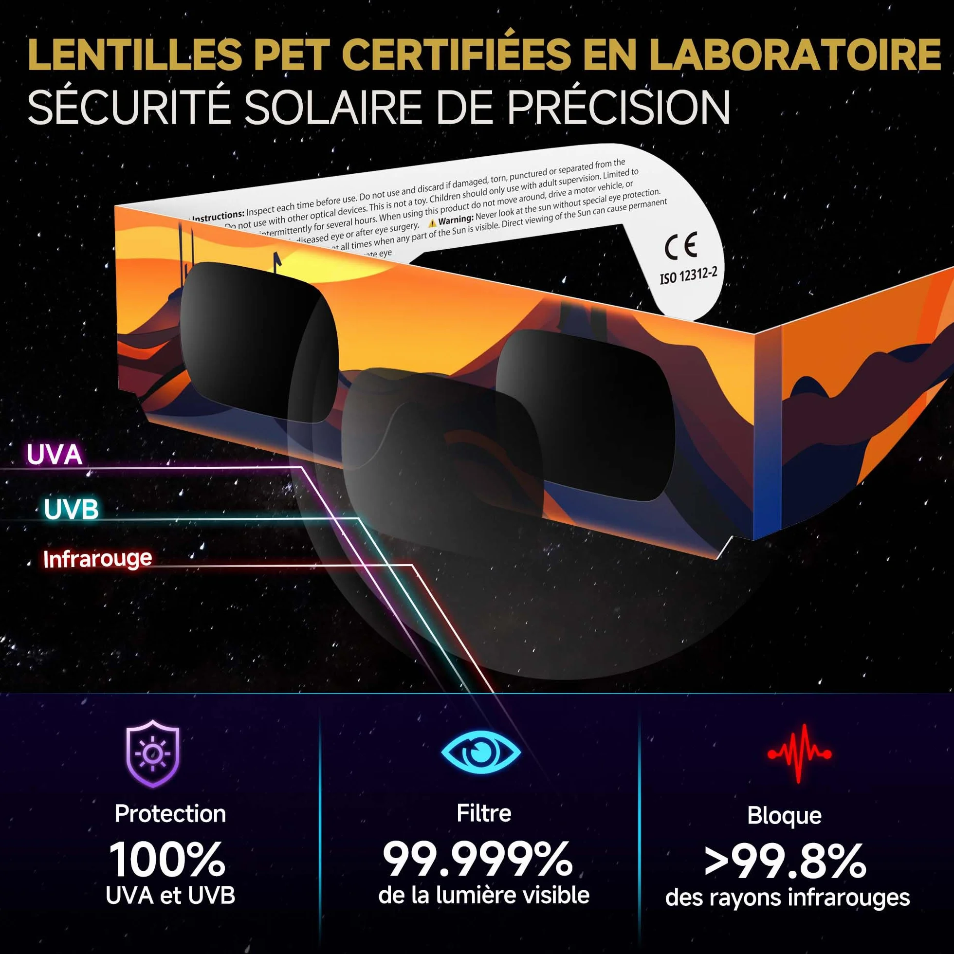 Lunette éclipse solaire [Lot de 3] - Homologuées ISO 12312-2 CE - Observation directe éclipse 2026