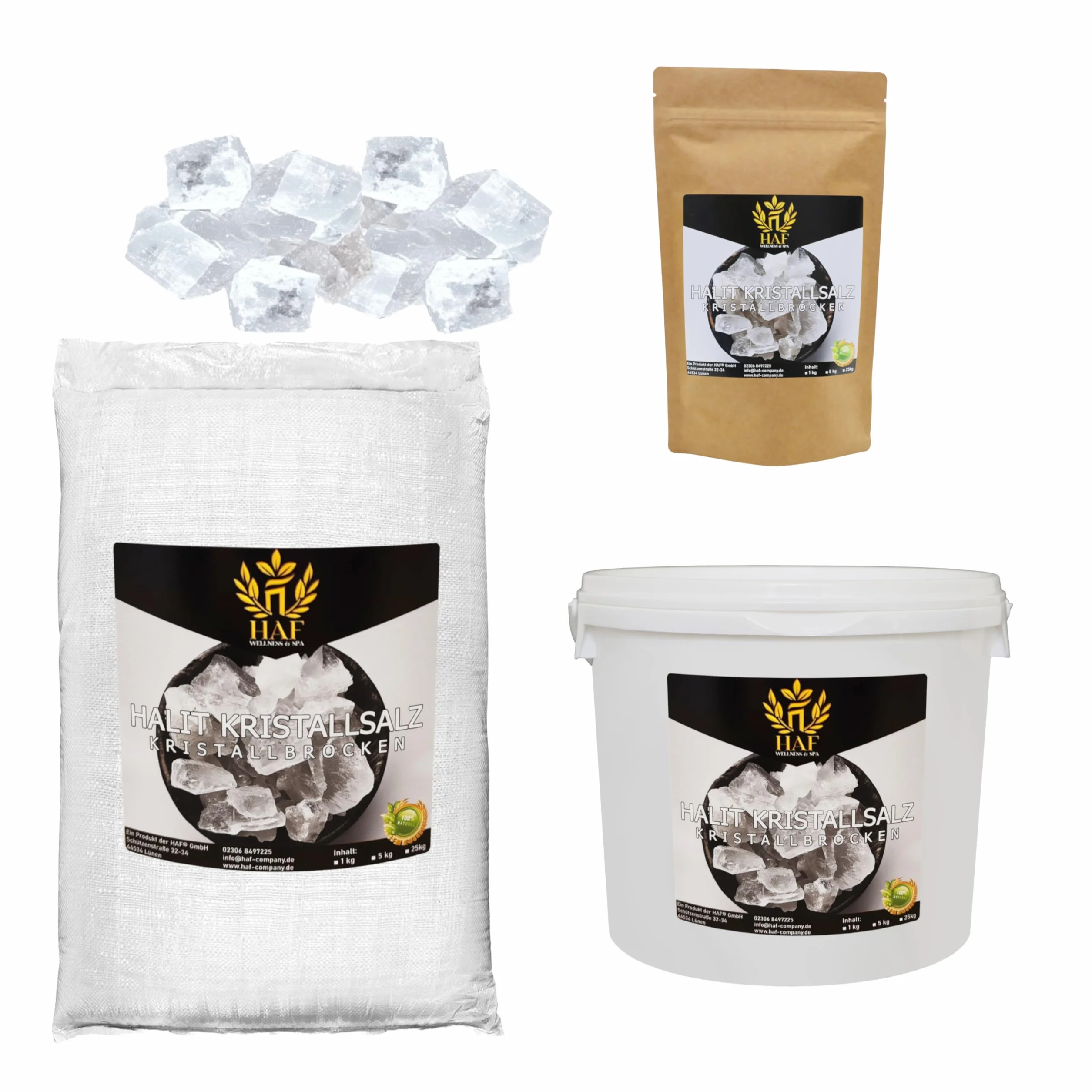 HAF® Halit Morceaux de sel blanc 1 kg | Gros morceaux de sel gemme sans additifs | Taille 2-5 cm
