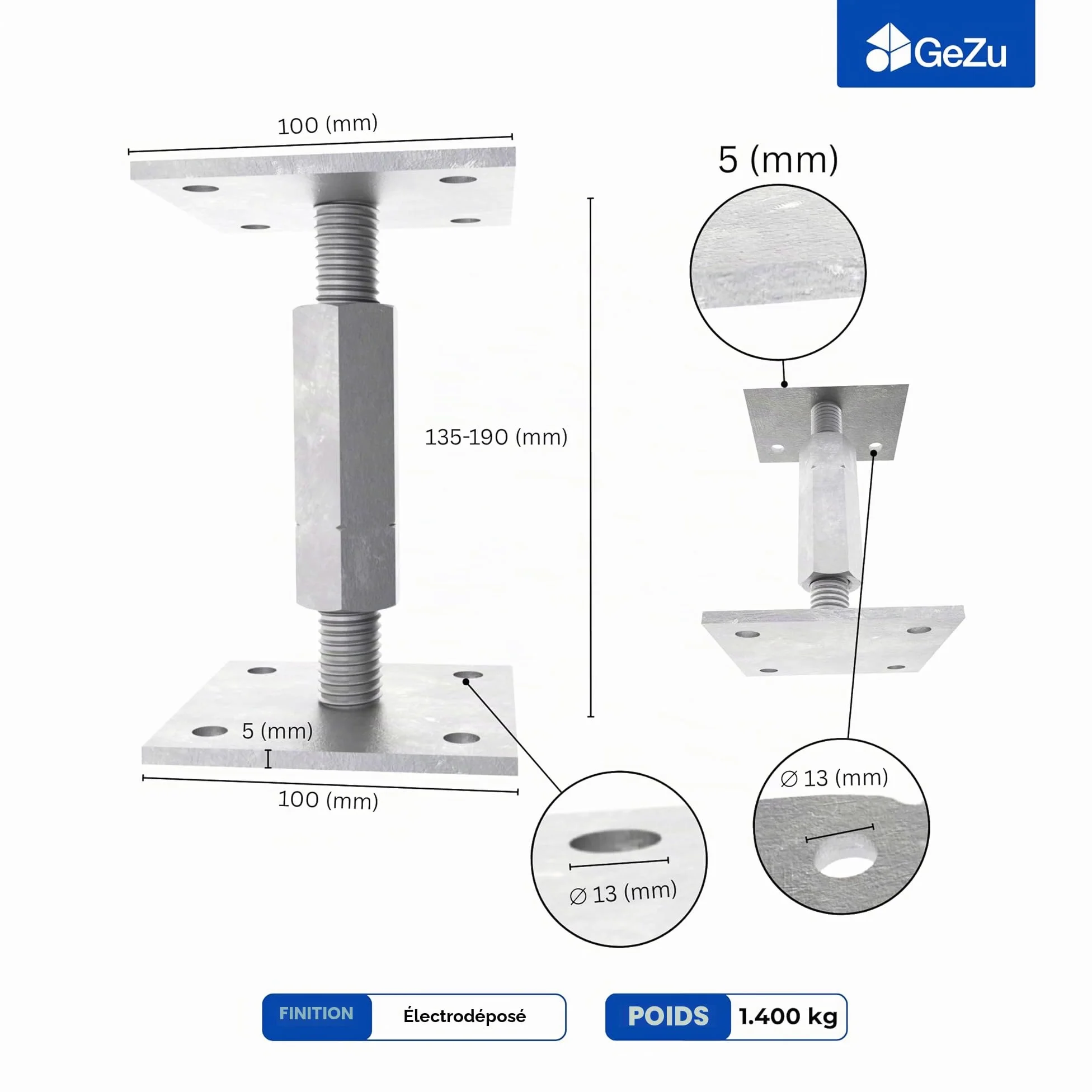 GeZu Impex Support de poteau Galvanoplastie Lot de 8 100 x 100 mm hauteur reglable platine bois pied poteaux clôture