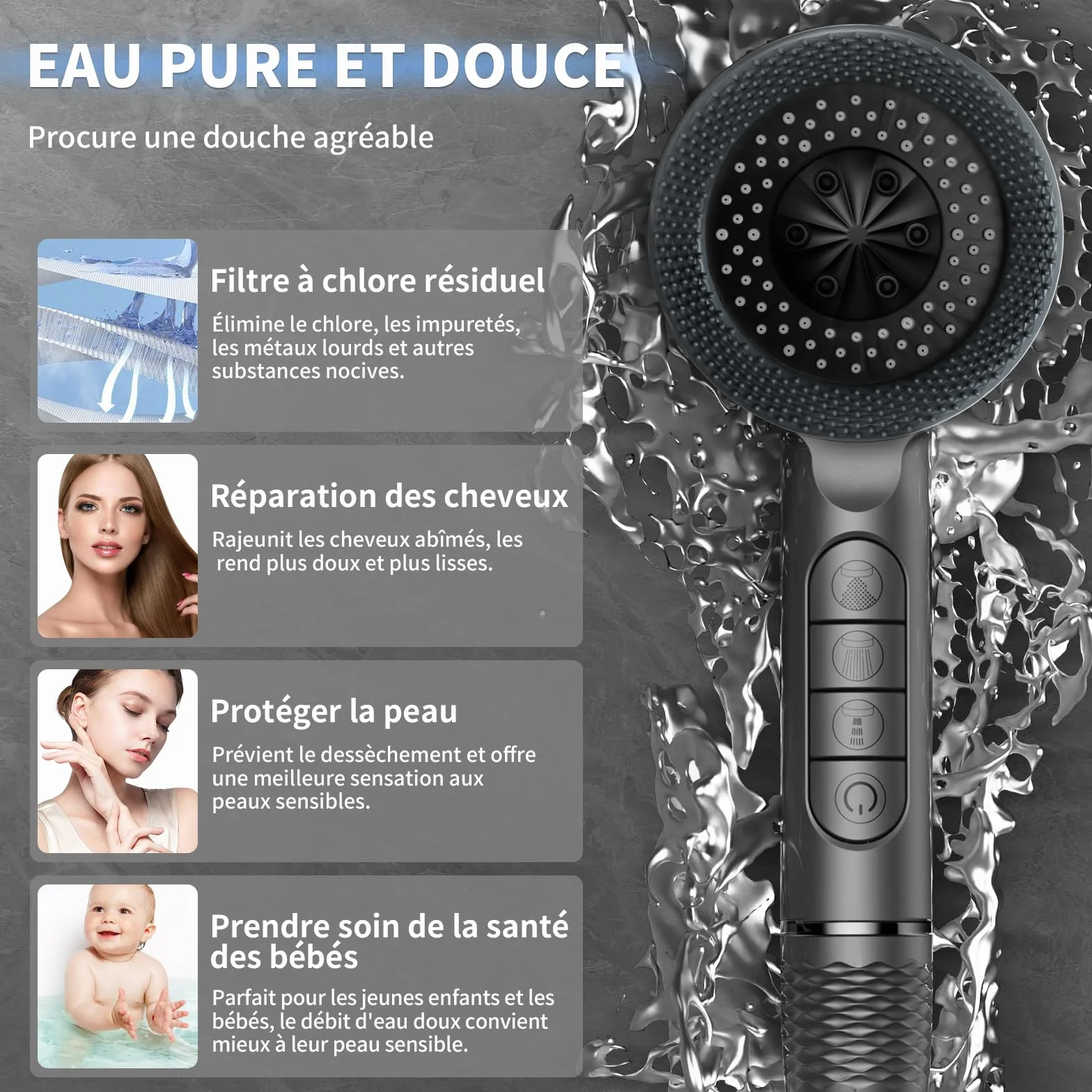 Pommeau Douche Haute Pression Anti Calcaire avec Filtre 15 Étapes Tuyau 1,5M Support 4 Jets Gris