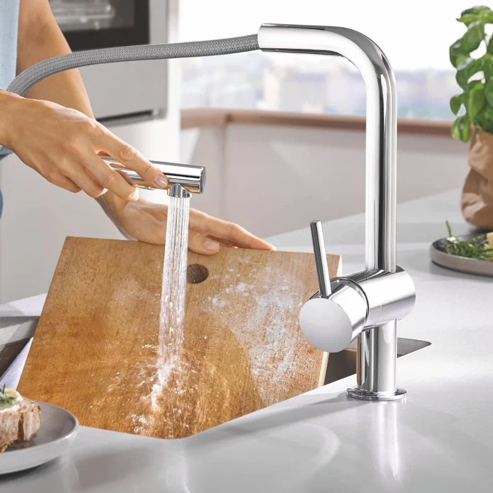 GROHE Minta Robinet de cuisine évier avec douchette extractible, inverseur 2 jets, chromé