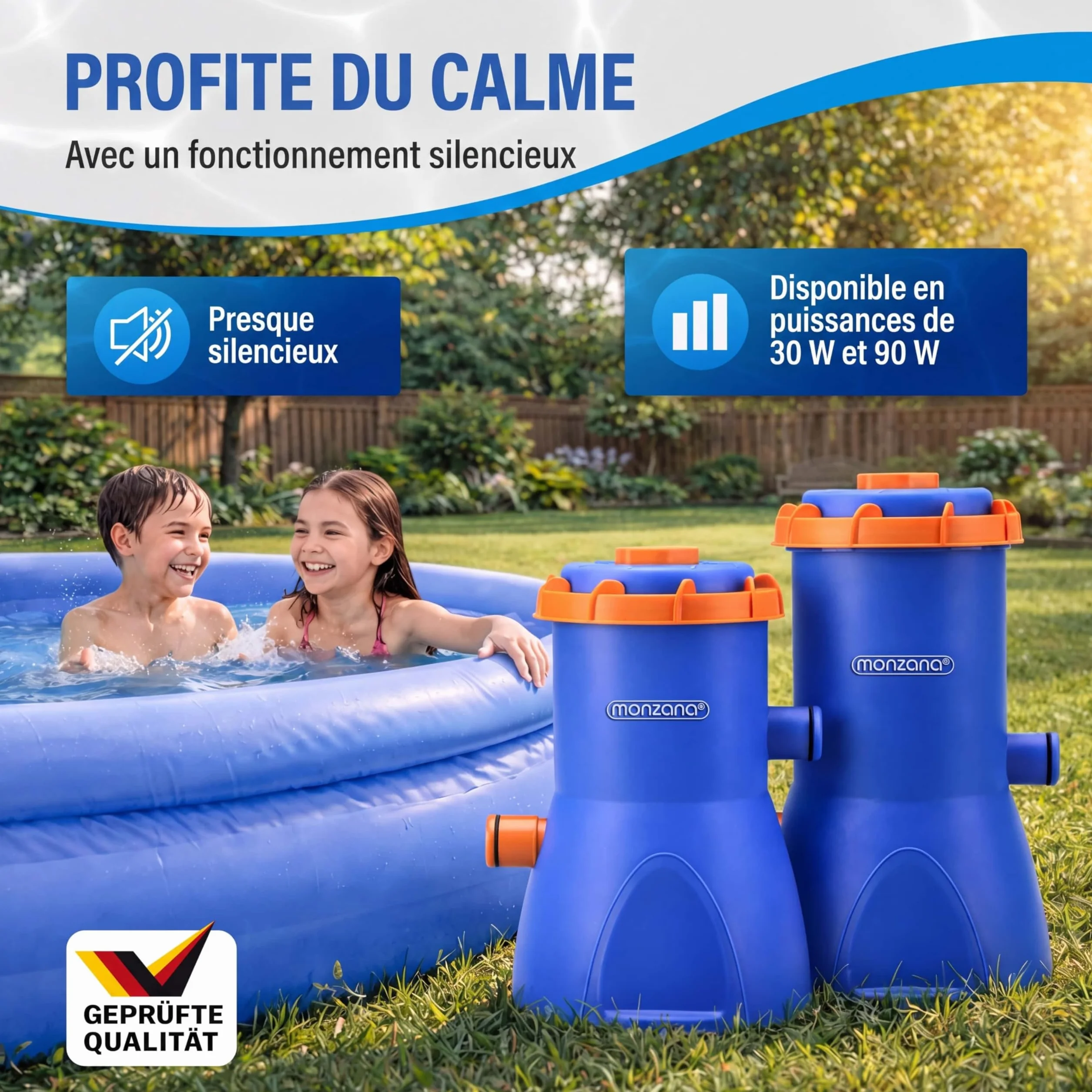 Monzana Pompe de Filtration pour Piscine MZP90 3.800 l/h Puissance 90W Cartouche de Filtration filtrante tuyaux Pompe Piscine Eau