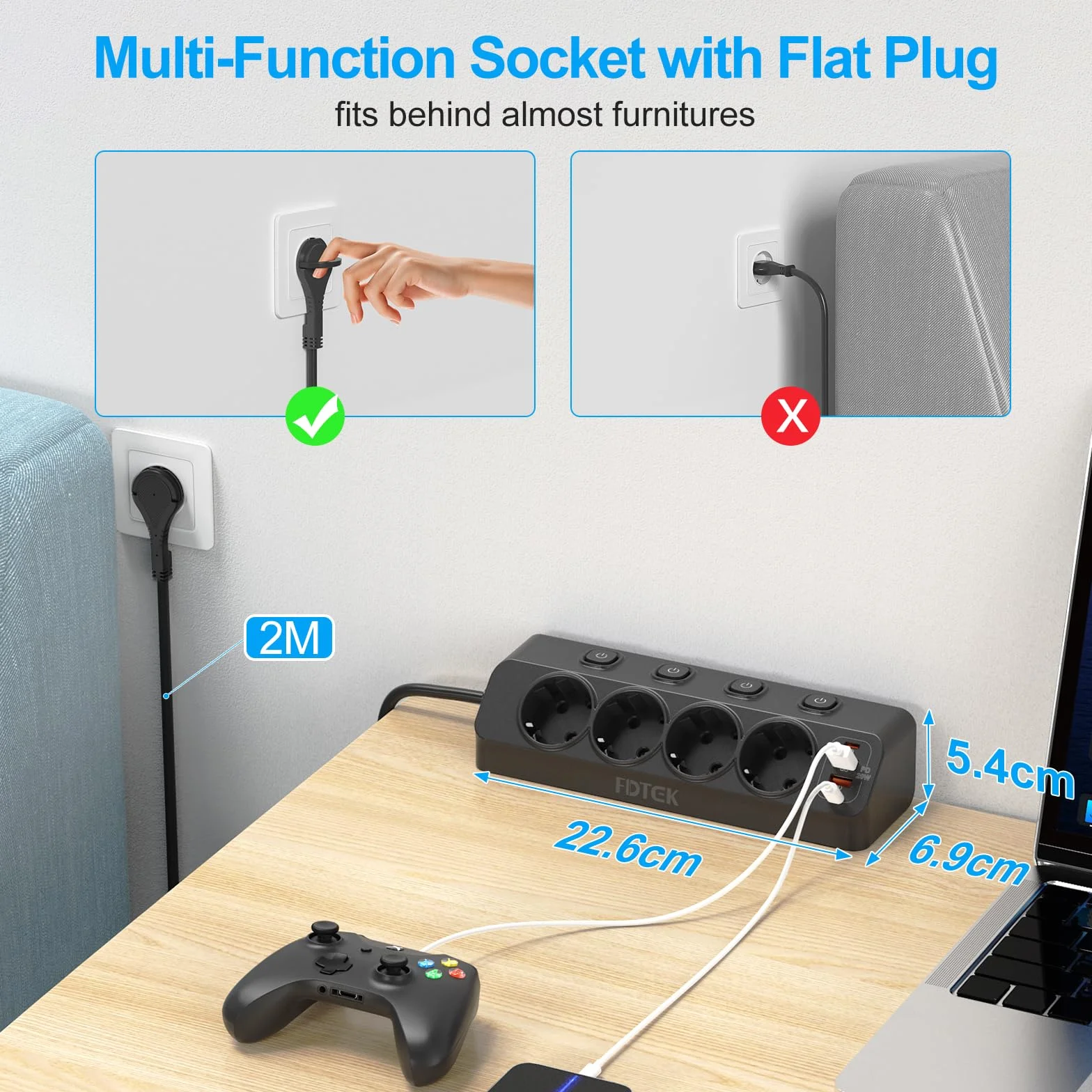 FDTEK Multiprise d'angle 4 Prises 2 USB C 2 USB A PD 20W Protection Surtensions Câble 2M