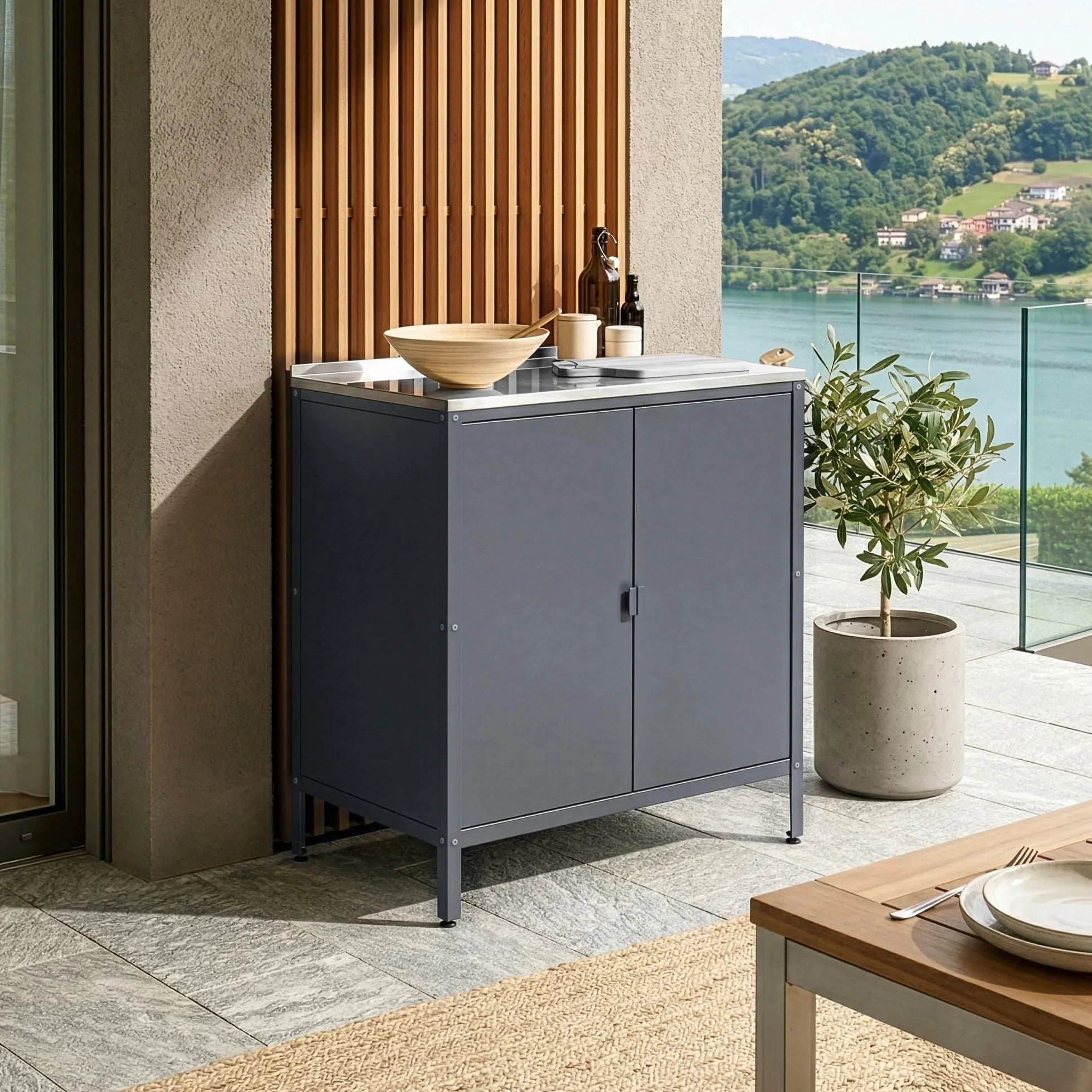 Casa.pro Armoire Basse de Jardin Bolognano Meuble de Rangement Acier Laqué 92 x 80 x 50 cm Gris Foncé Mat