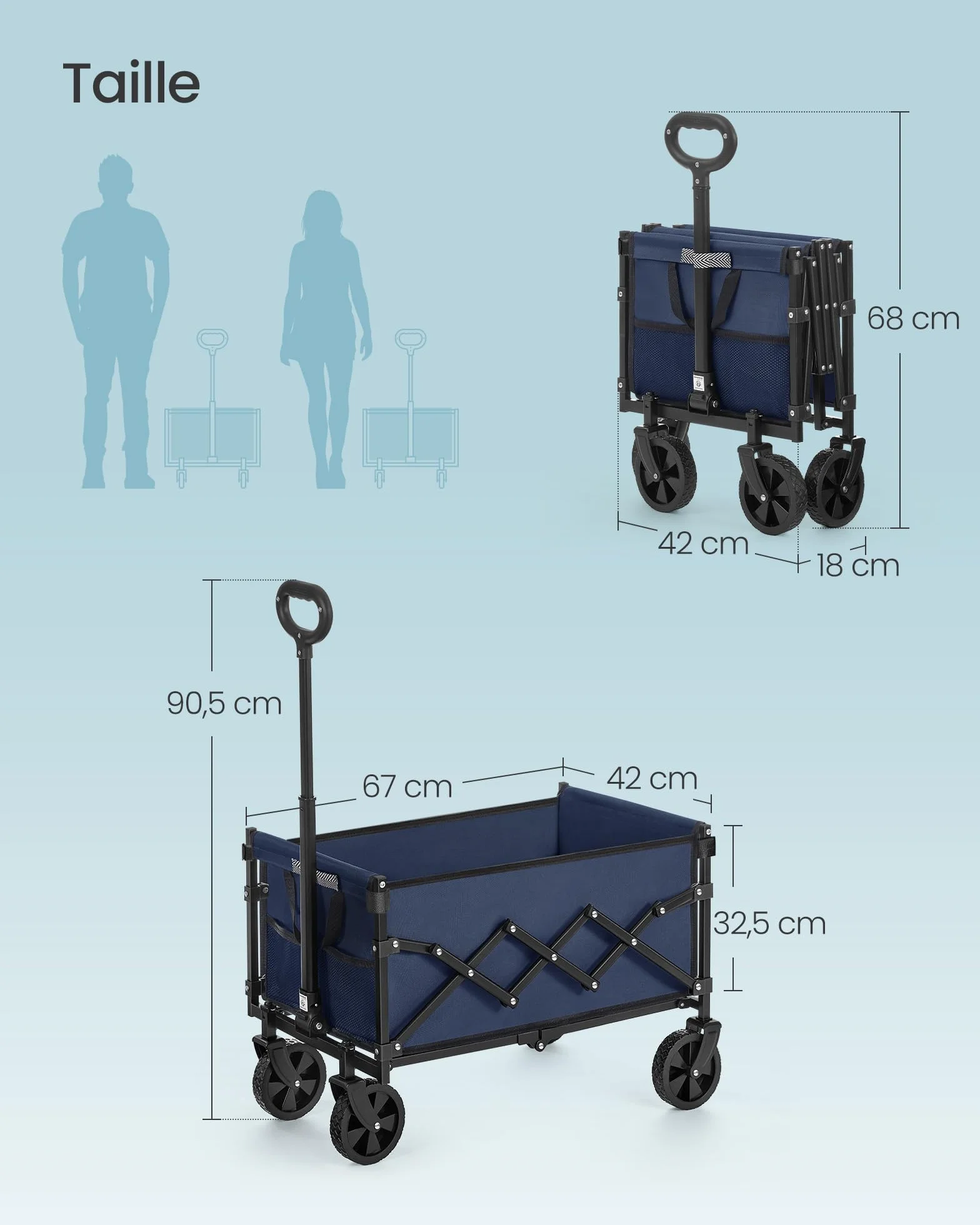 SONGMICS Chariot de Transport Pliable, Compact, 4 Roues Renforcées, Charge 180 kg, 90 L, Bleu Minuit