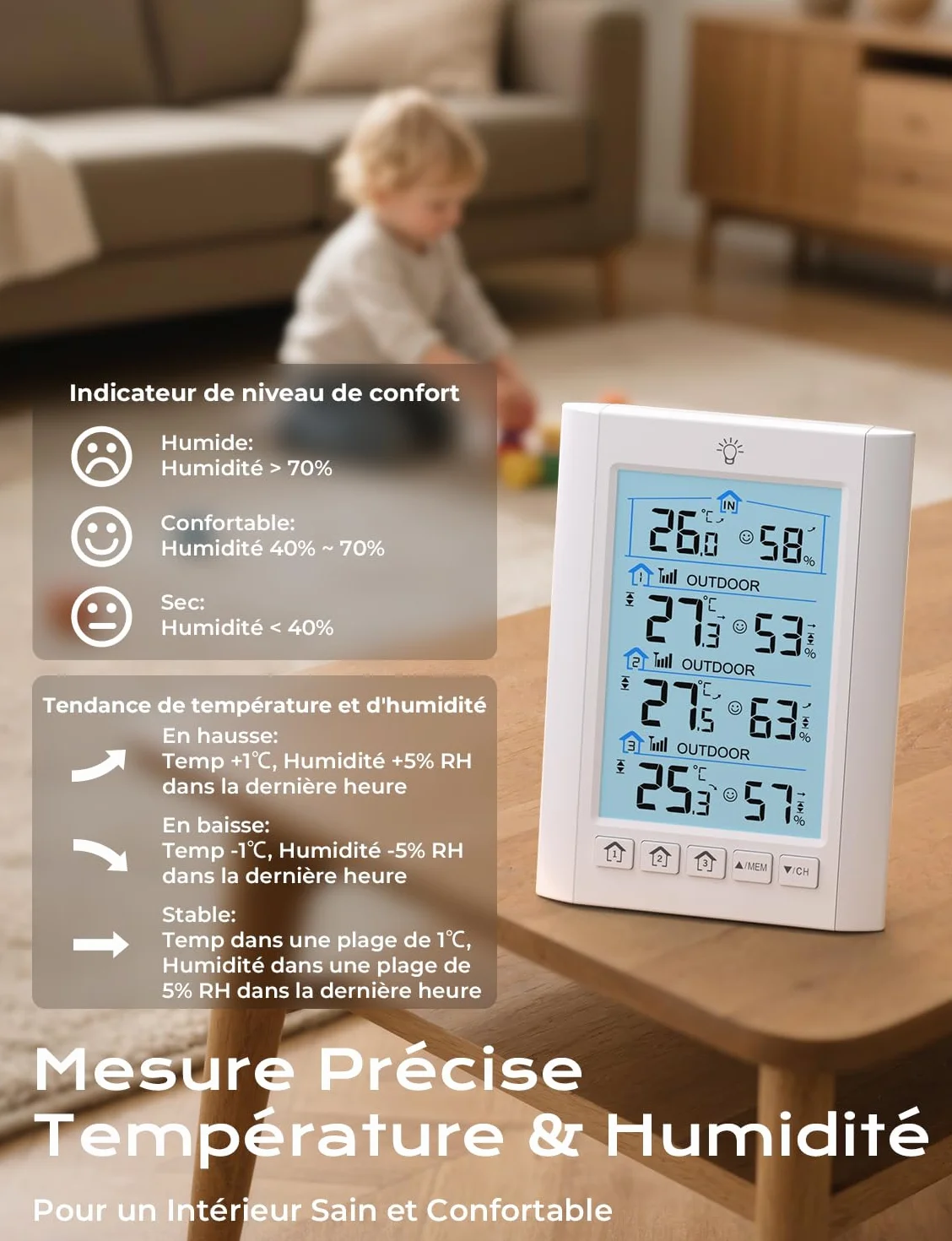 Station Meteo Interieur Exterieur Sans Fil LIORQUE Thermometre Hygrometre avec 3 capteurs LCD Portee Transmission 100m