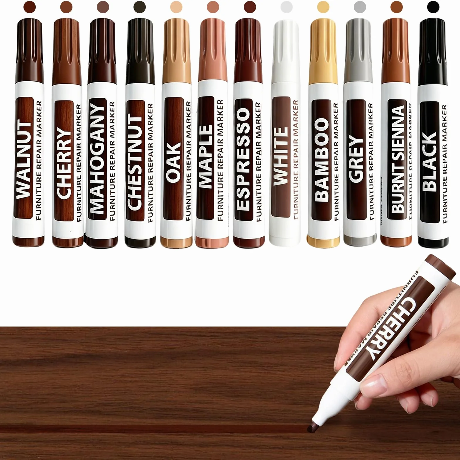 Stylo Marqueurs pour Réparation de Meubles en Bois, Set de Réparation (12 ml, Couleurs Variées) pour Parquet, Meubles, Portes