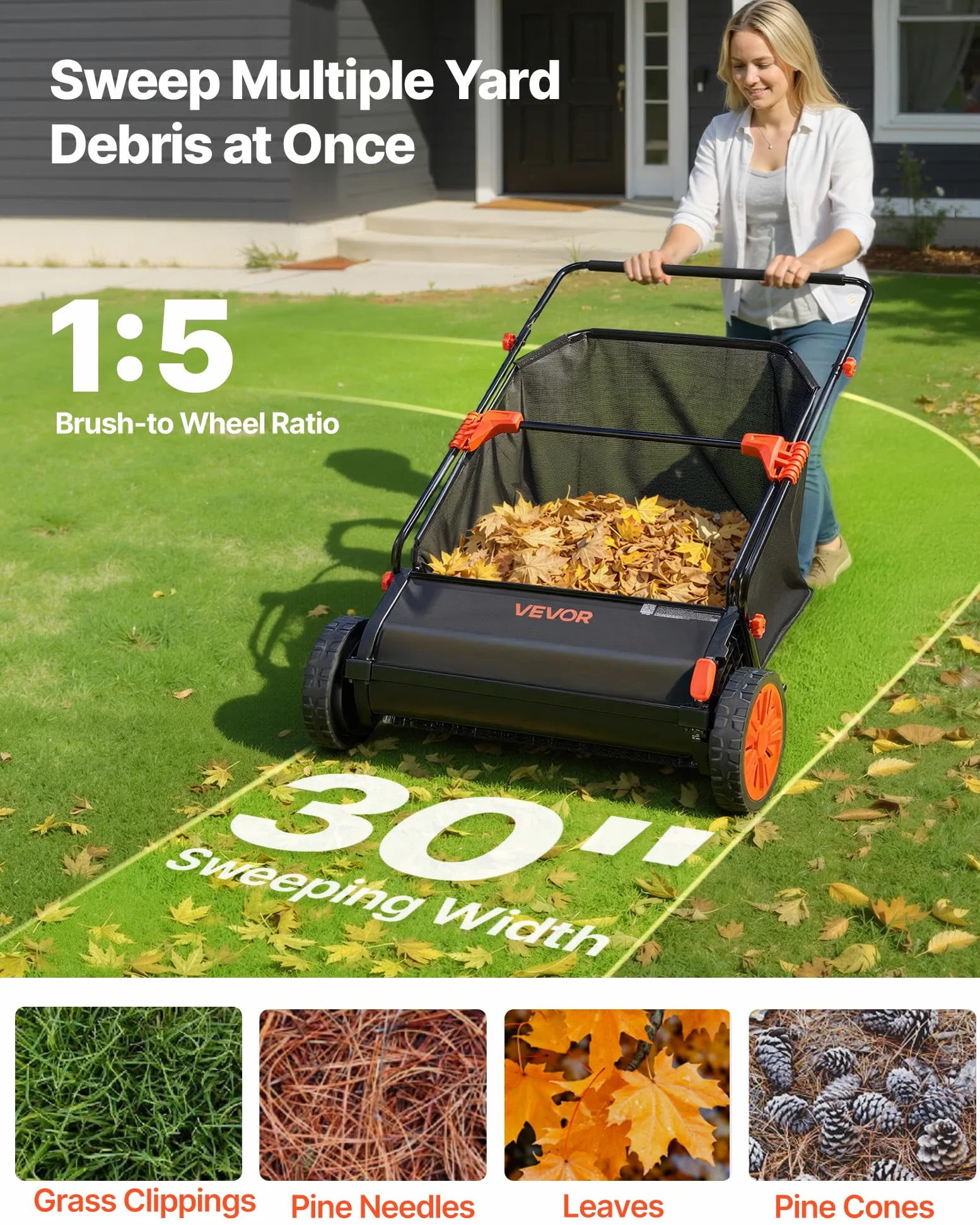 VEVOR Balayeuse à Gazon Manuelle 76,2 cm, Ramasseur de Feuilles et d'herbe avec Sac Collecteur de 340 L pour Pelouse et Jardin, Hauteur des Brosses Réglable, Brosses Rotatives, Roues en Caoutchouc