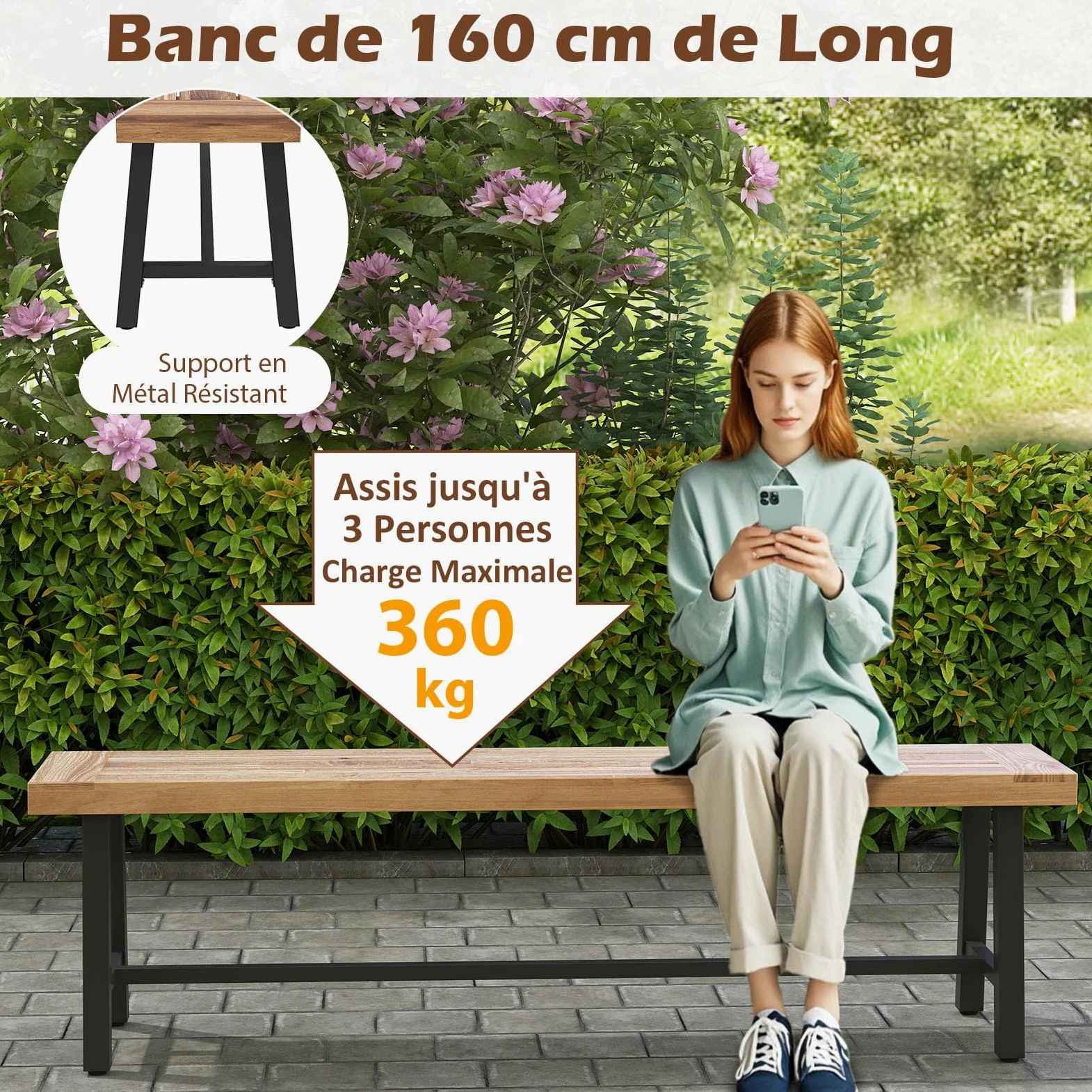 GOPLUS Banc de Terrasse de 160 cm, Banc de Salle à Manger Long en Bois d'Acacia, Siège d'Extérieur sans Dossier pour 3 Personnes, Capacité 360 KG, pour Porche, Cour, Jardin (160x32x45cm,2)
