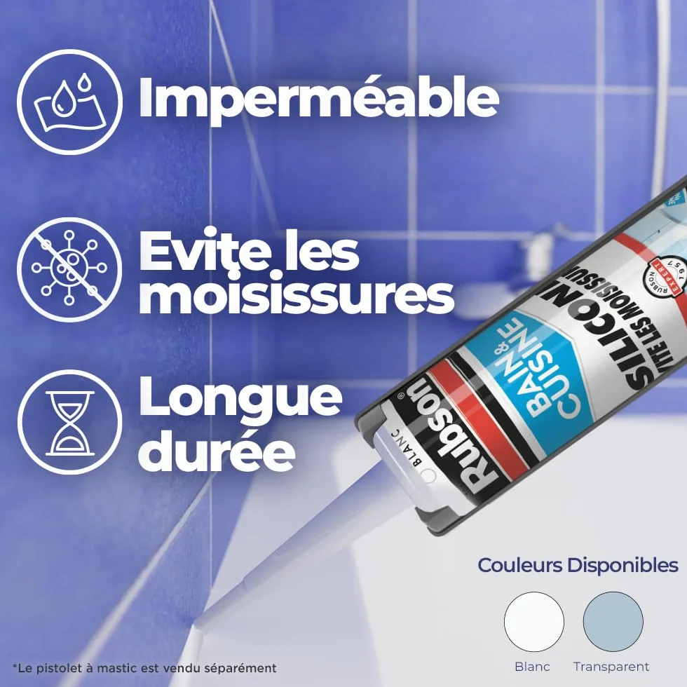 Rubson Mastic Bain & Cuisine Silicone Évite Les Moisissures Blanc 280 ml Antifongique