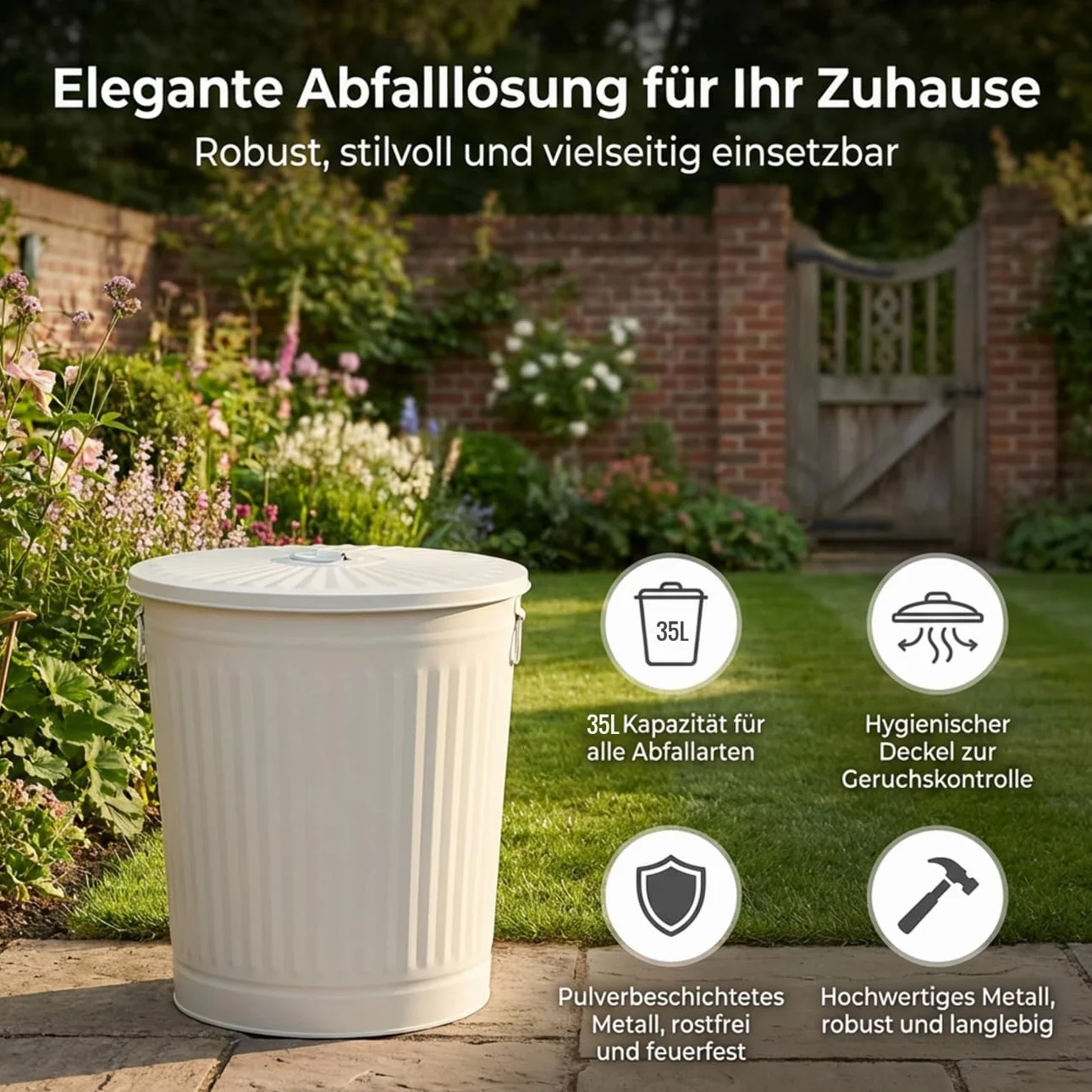 Poubelle Métal Galvanisé 35L Ø36xH36,5cm Blanc Crème