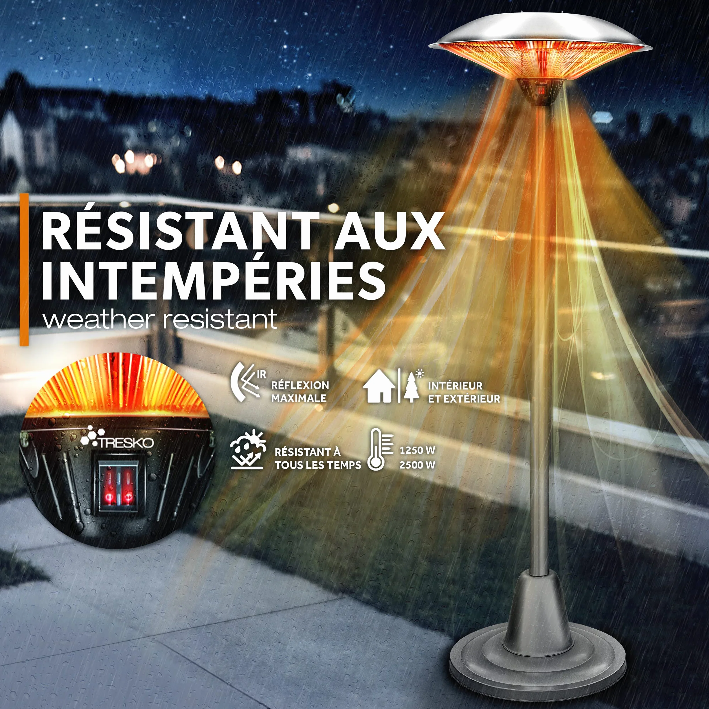 TRESKO Parasol chauffant 2500W Chauffage extérieur Infrarouge Radiateur Rayonnant Électrique de Terrasse 2 Niveaux de Chaleur