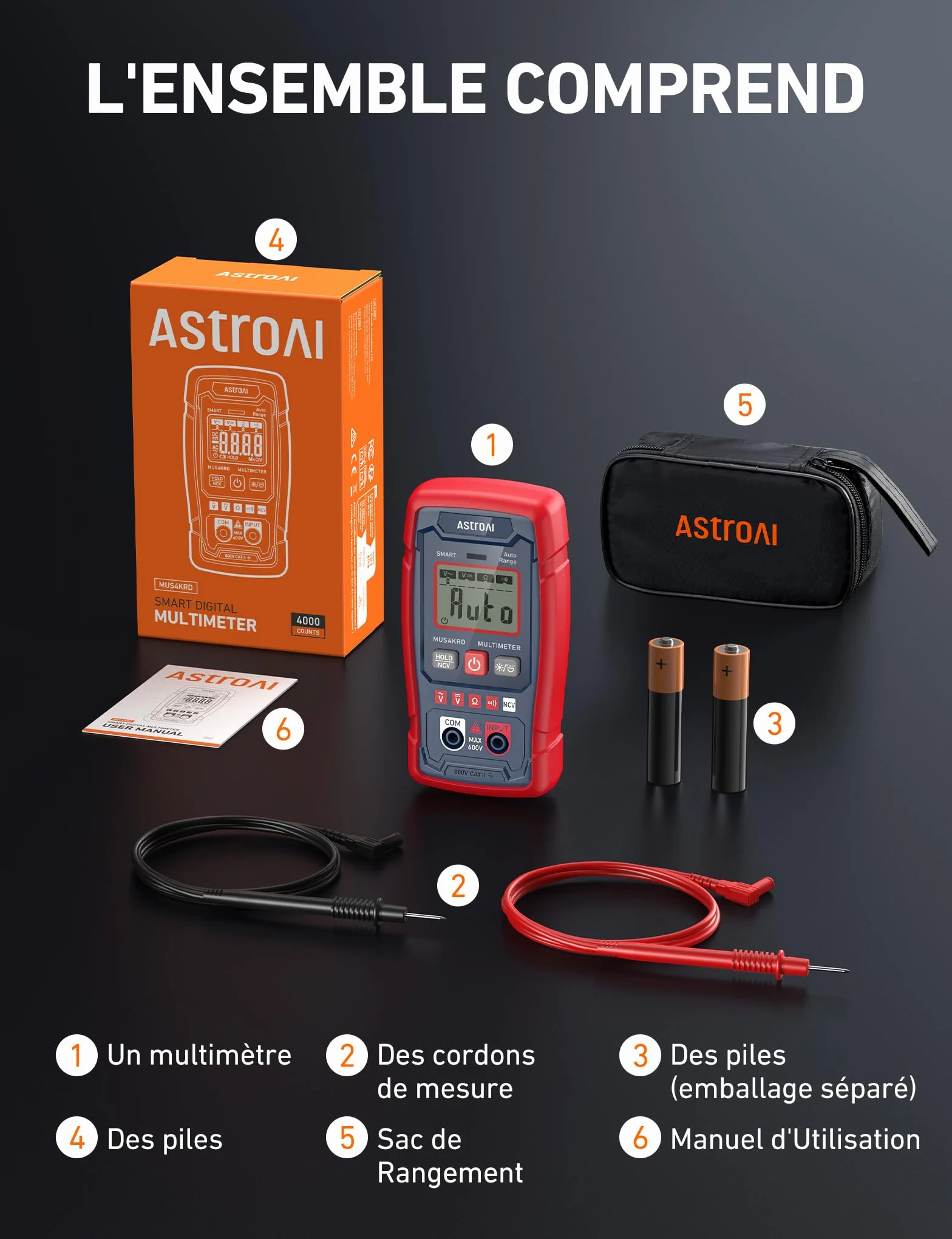 AstroAI Multimètre Numérique Intelligent 4000 Comptes, Voltmètre Précis, Gamme Automatique AC/DC, Tension sans Contact