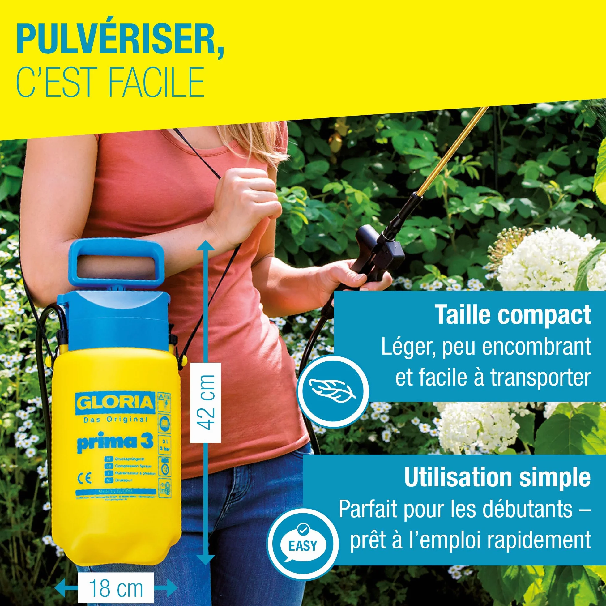 GLORIA Pulvérisateur de Jardin Prima 3 | Pulvérisateur à Pression 3L Compact et léger | Buse en Laiton réglable pour Soin des Plantes & désherbage sur Balcon et Petits Jardins