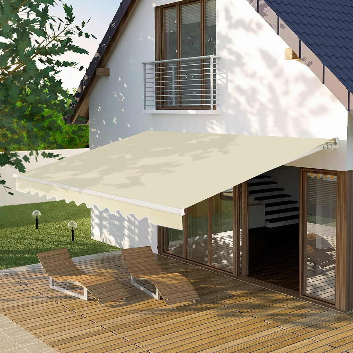 GOPLUS Store Banne Manuel 3,6Mx3M, Auvent de Terrasse Extérieur et Tissu Résistant aux UV avec Manivelle et Angle Réglable 5-35°pour Patio,Balcon,Terrasse(Beige)