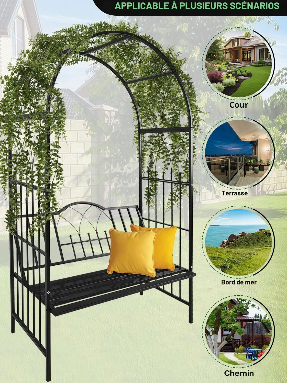 Kalolary Tonnelle Jardin Robuste en Métal avec Banc, Siège pour Plante Grimpante et Support d'Escalade pour Vignes et Fleur, Pavillon Arc de Jardin pour Extérieur