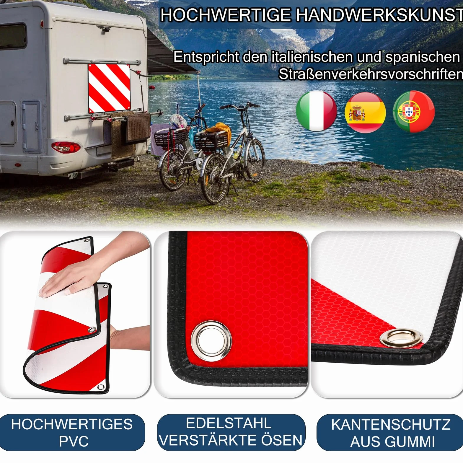 Panneau d'avertissement 3 en 1 Rouge Blanc Réfléchissant 50 x 50 cm pour Porte-vélos Italie Espagne Portugal