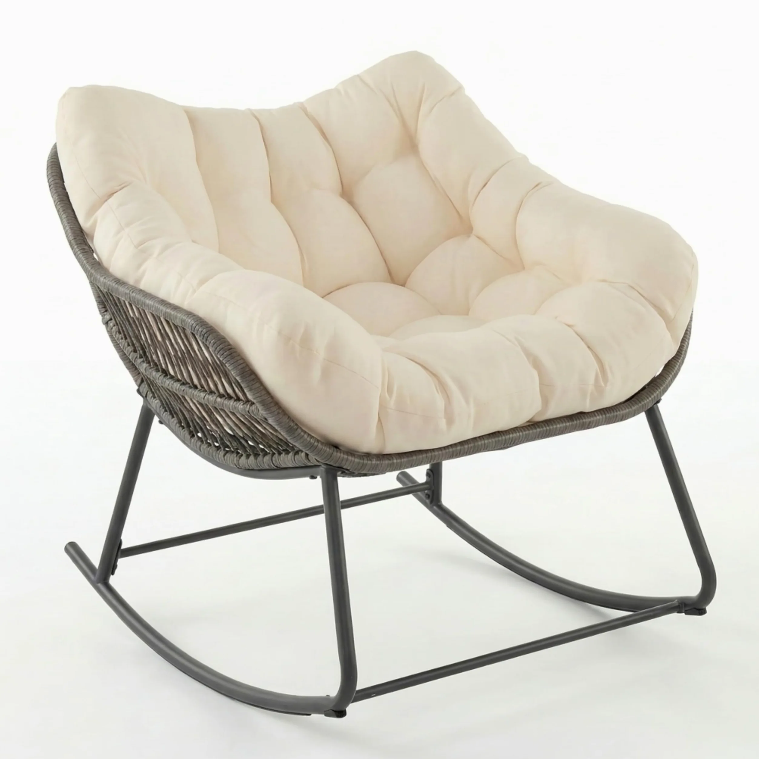 SOARS Fauteuil à Bascule de Jardin, Chaise à Bascule Papasan en Rotin avec Coussin Rembourré et Amovible, Cadre en Métal, Charge 150 KG, pour Intérieur et Extérieur, Salon Balcon Terrasse, Beige
