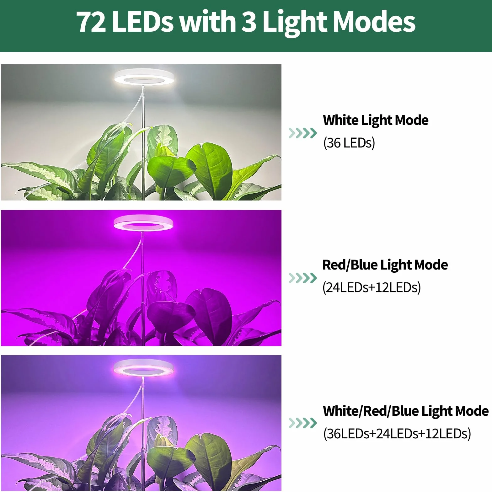 Qoolife Lampe Végétale LED à spectre complet pour plantes d'intérieur, 155 cm, hauteur réglable avec 72 LED, 3 niveaux de luminosité à intensité variable, minuterie 3/9/12 heures 2 paquets Blanc