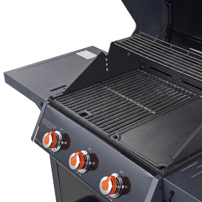 BRASERO BY FAVEX – Barbecue gaz Spring II 3 brûleurs – Surface mixte grille & plancha fonte – 9,95 kW – EASY CLEAN™ – Tablettes rabattables - Jusqu'à 10 convives