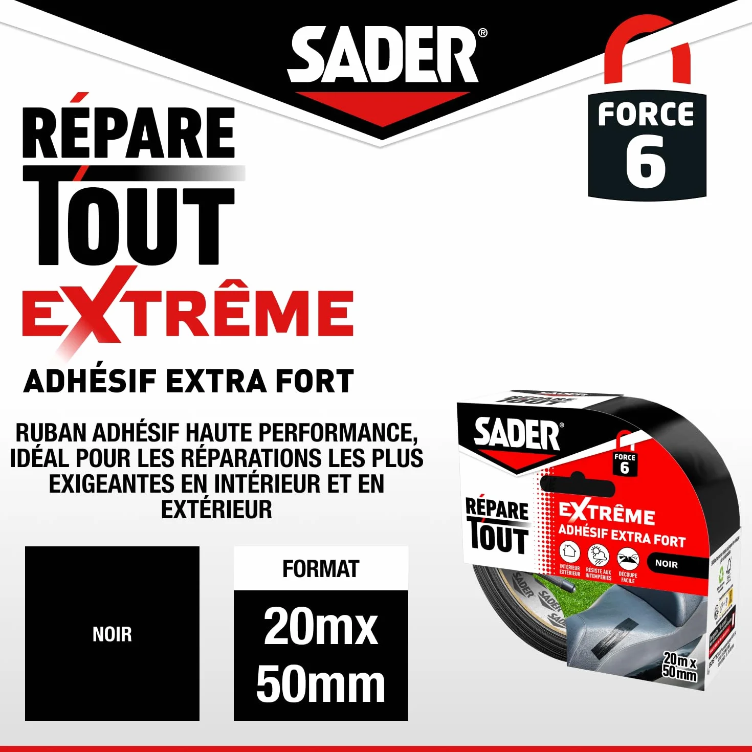 SADER Repare Tout Extrême Noir Adhésif Extra Fort 20m x 50mm
