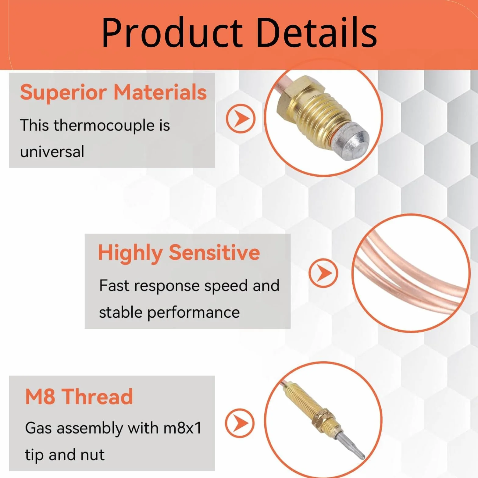 Thermocouple à Gaz Universel M8 de 600mm, Kit Thermocouple pour Chauffage au Gaz, Brasero, Four, Chauffe-eau, Sonde Haute Température à Réponse Rapide, Pièce de Rechange et Accessoire