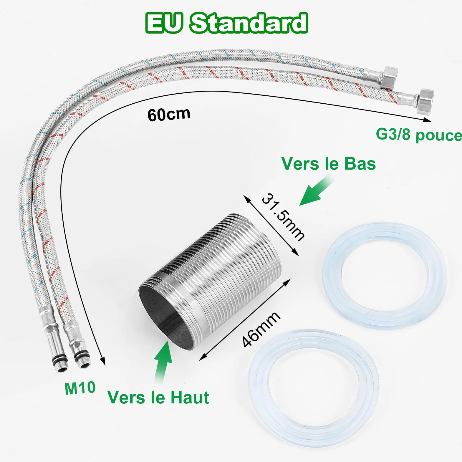 Mitigeur Cuisine Acier Inox Bec Pivotant 360° Monocommande Tuyau Flexible G3/8 x M10