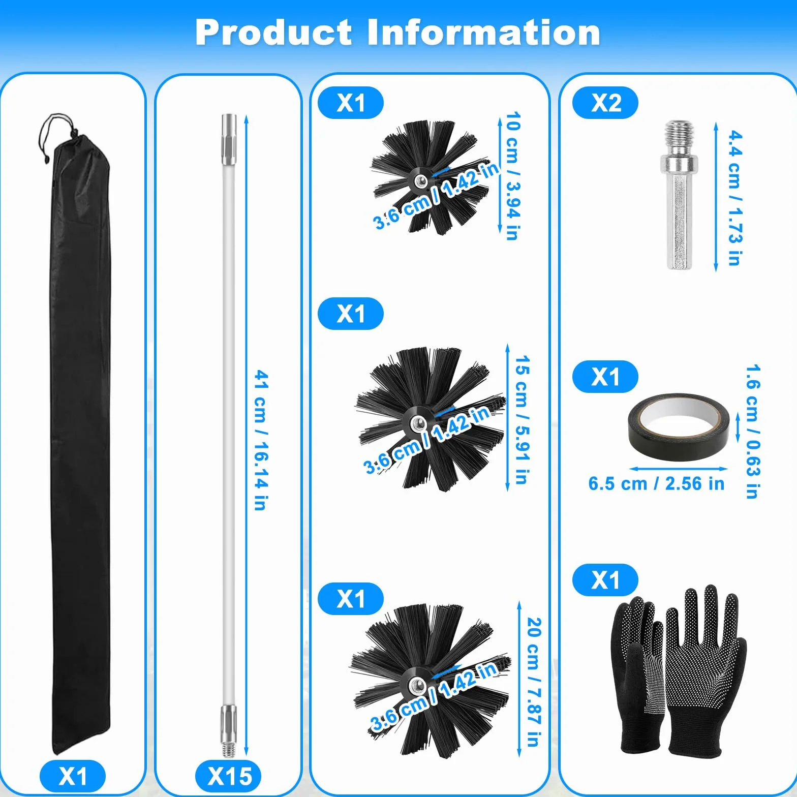 Kit Brosse Nettoyage Cheminée 23 Pcs avec 3 Têtes Brosses, 15 Tiges Ramonage Flexibles 410mm, Balai Tuyau Nylon