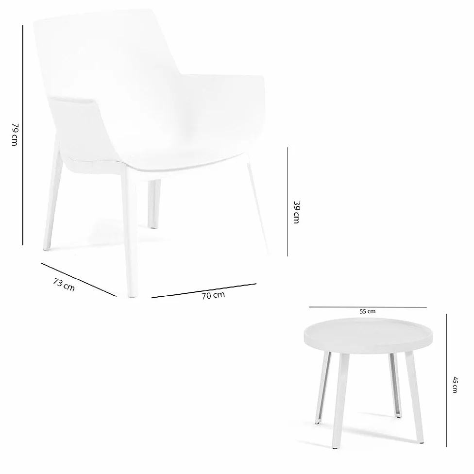 Lot de 2 fauteuils avec table basse d'extérieur en polypropylène renforcé de fibre de verre, fauteuils de piscine, fauteuils de balcon ergonomiques - Betty (ensemble avec table blanche)