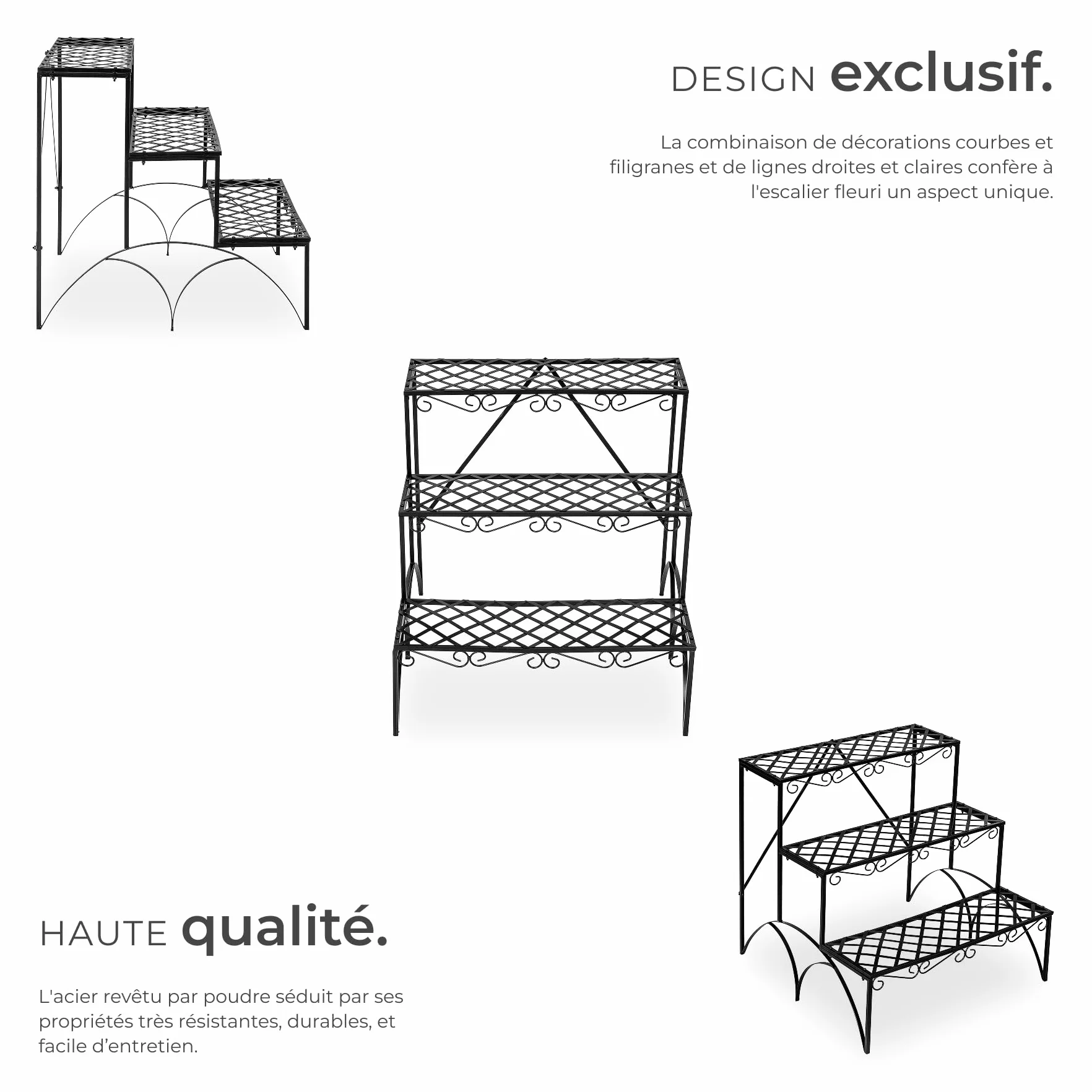 Tectake Étagère escalier droite Porte plante 3 niveaux métal 60 x 60 x 60cm Charge max 30kg