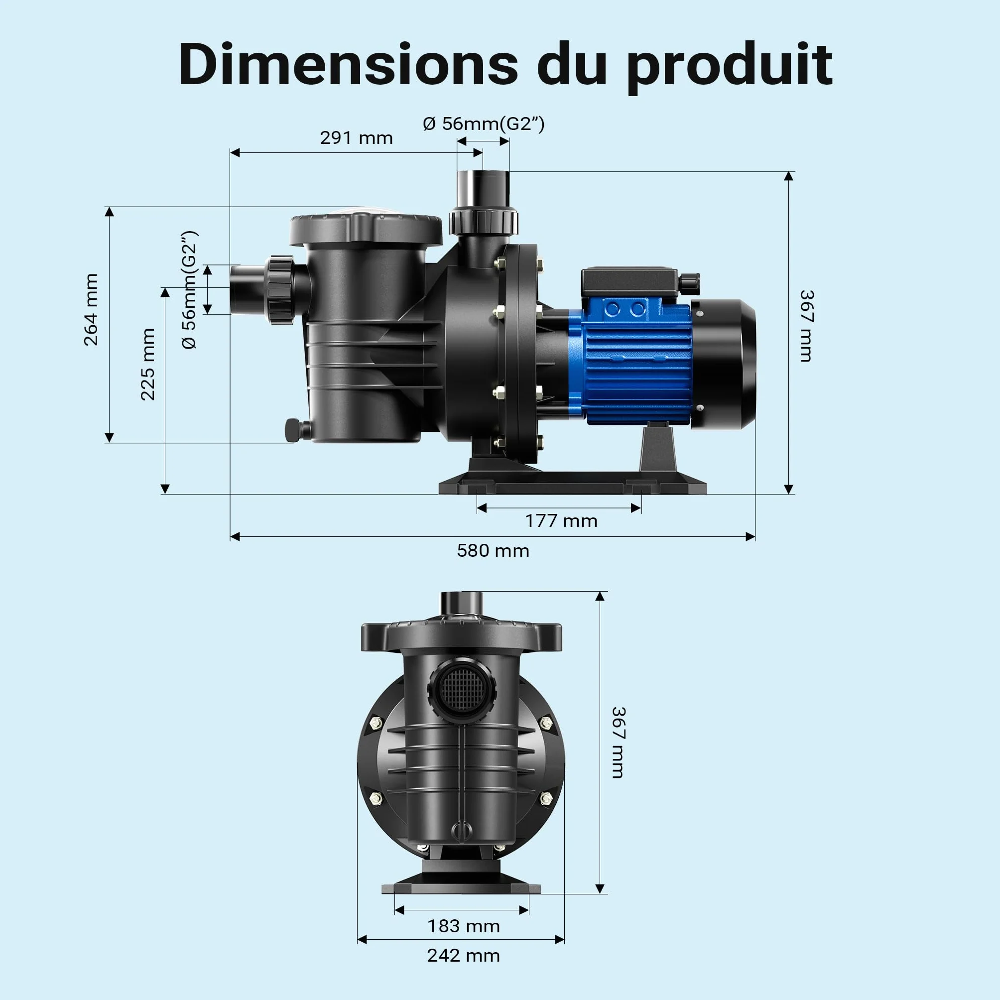 Wiltec Pompe de piscine 18600 l/h 750 W circulation hauteur refoulement 13 m