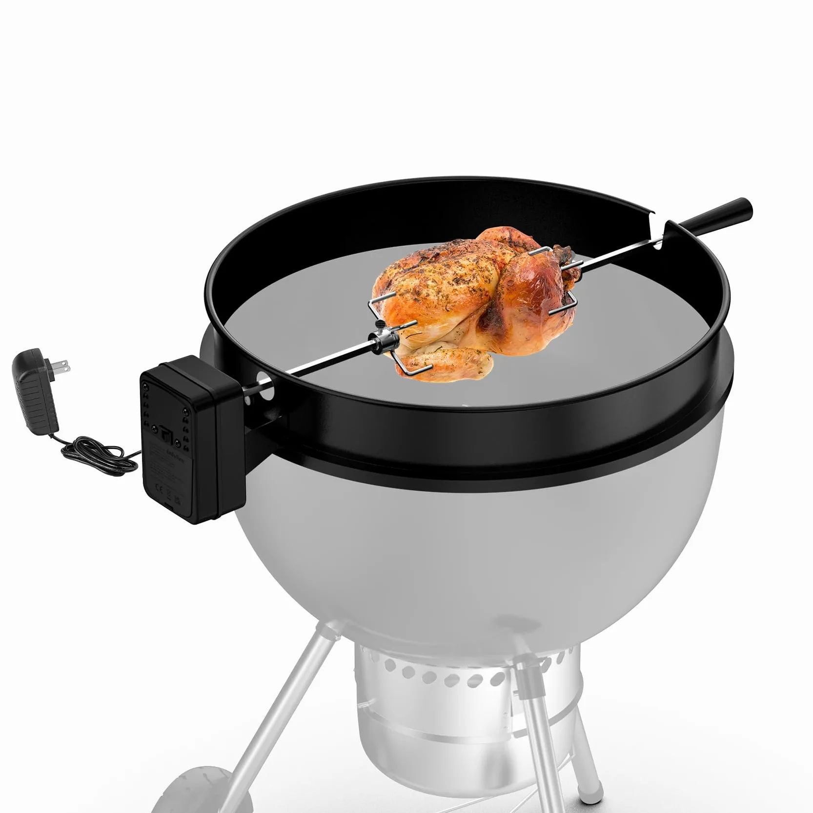 onlyfire Kit de Brochettes Rotisserie avec Moteur DC et Adaptateur, Set de Tournebroche pour Weber Kettle 57cm et Autres Modèles de Taille Similaire, avec 2 Aiguilles à Viande pour Poulet