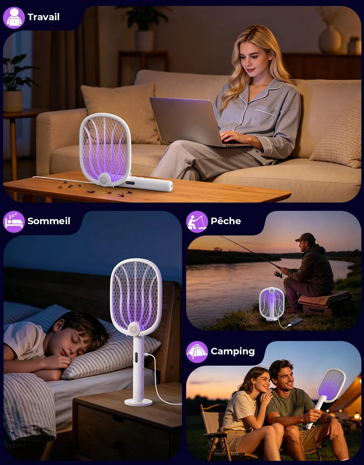 Raquette Electrique Insectes 4000V, Anti Moustique Pliable 180° avec Piège UV, Rechargeable 1800mAh