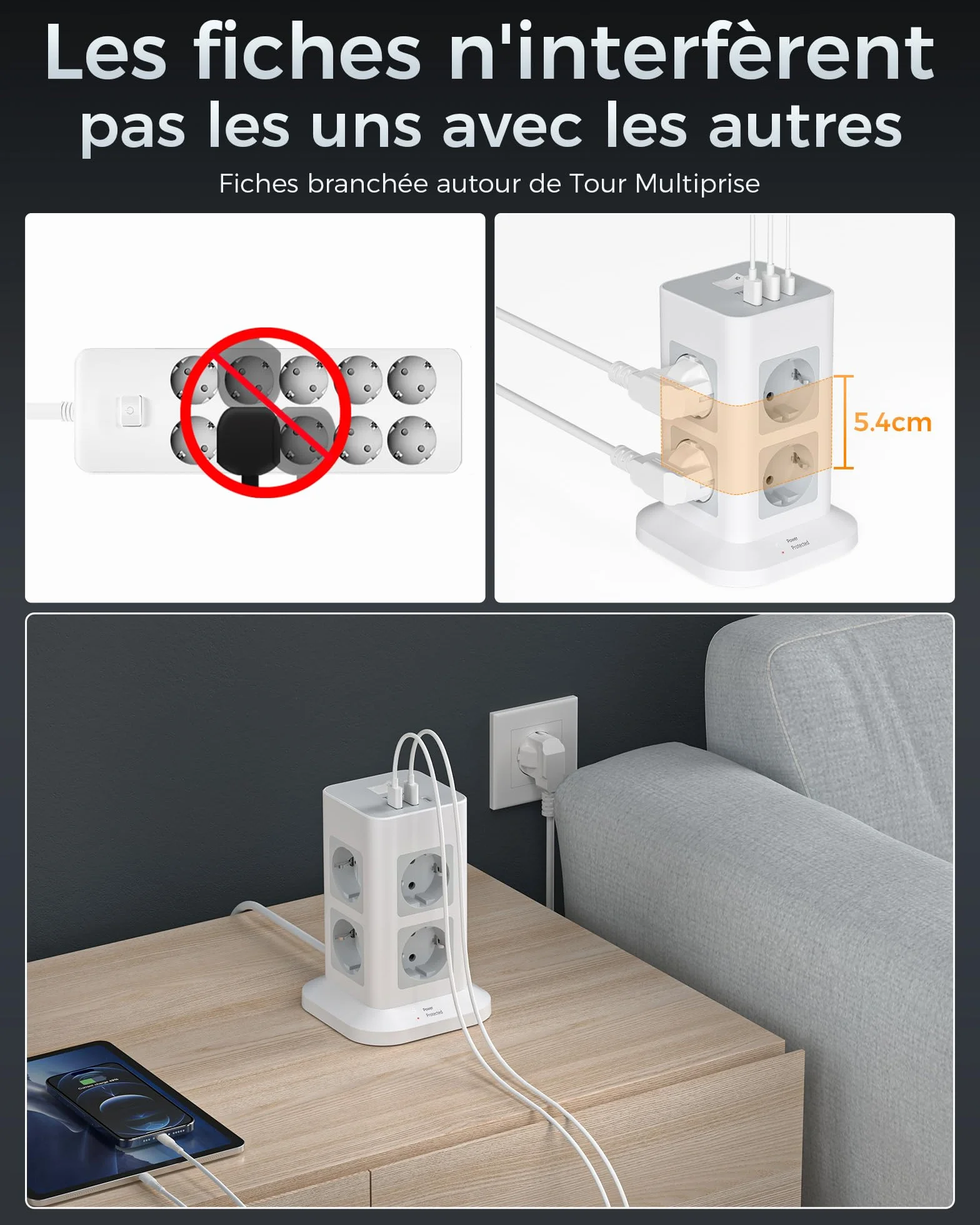 TESSAN 11 en 1 Multiprise avec Interrupteur, 8 Prises AC 3 USB, Parafoudre 3600W Rallonge 2M, Gris